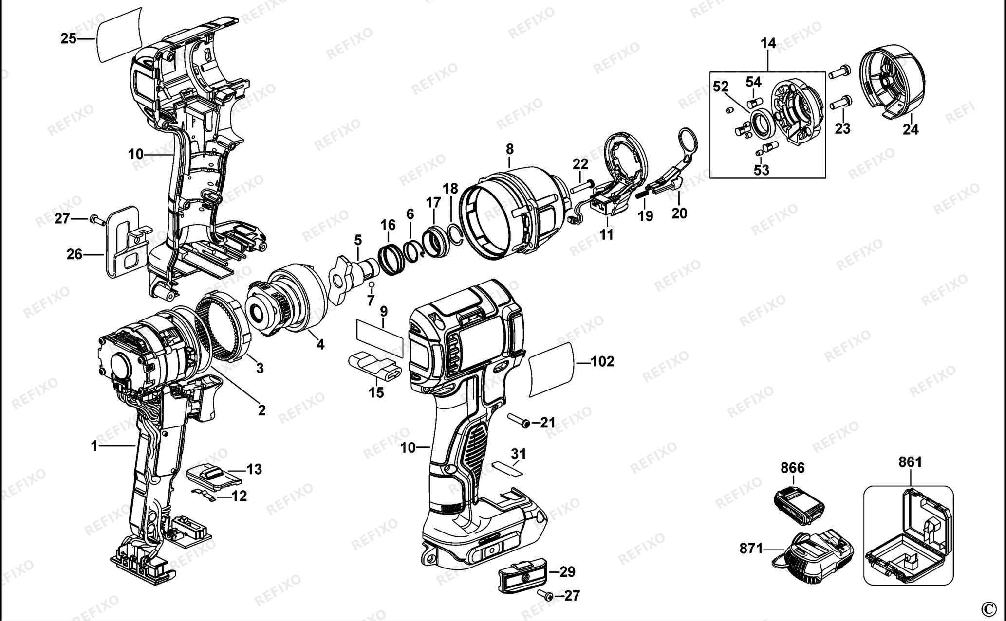 Деталировка DeWalt DCF825-QW TYPE 10 SCHLAGSCHRAUBER DCF825-QW DCF825 — схема запчастей в разборе