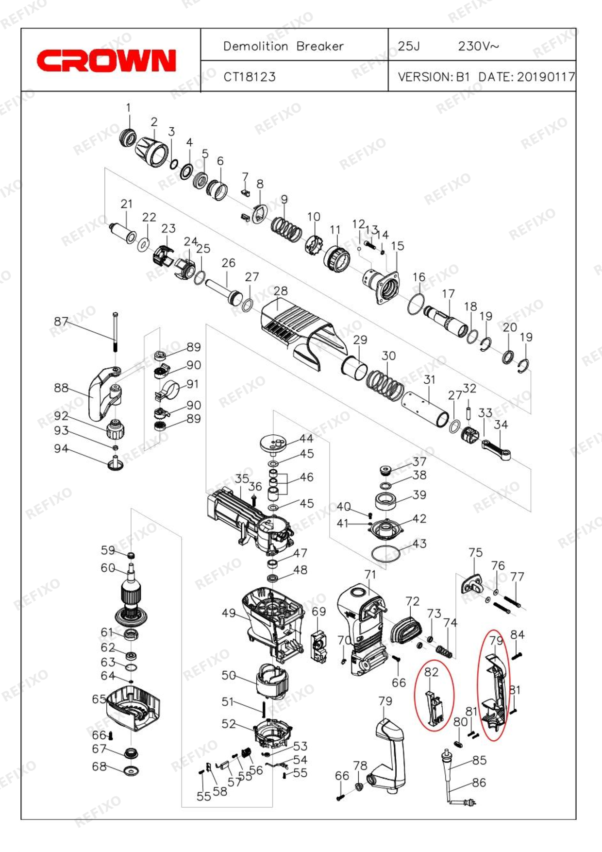 Деталировка CROWN CT18123V (до с.н.22...) — схема запчастей в разборе