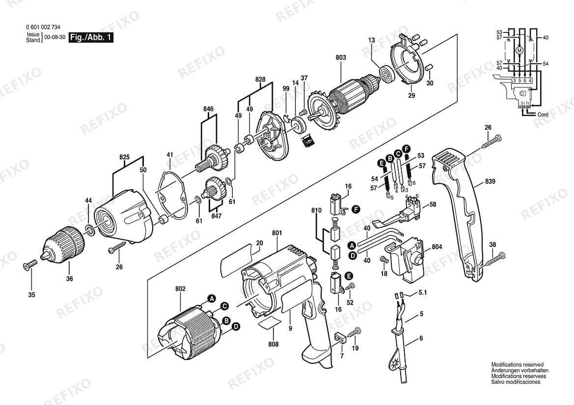 Деталировка Bosch Дрель 1026 VSR | 120 V | 030 - CA (0 601 026 734) — схема запчастей в разборе