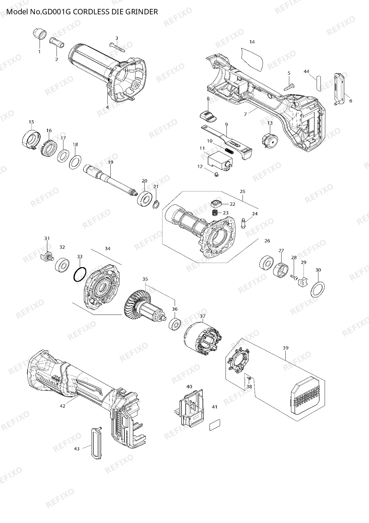 Деталировка MAKITA GD001G — схема запчастей в разборе