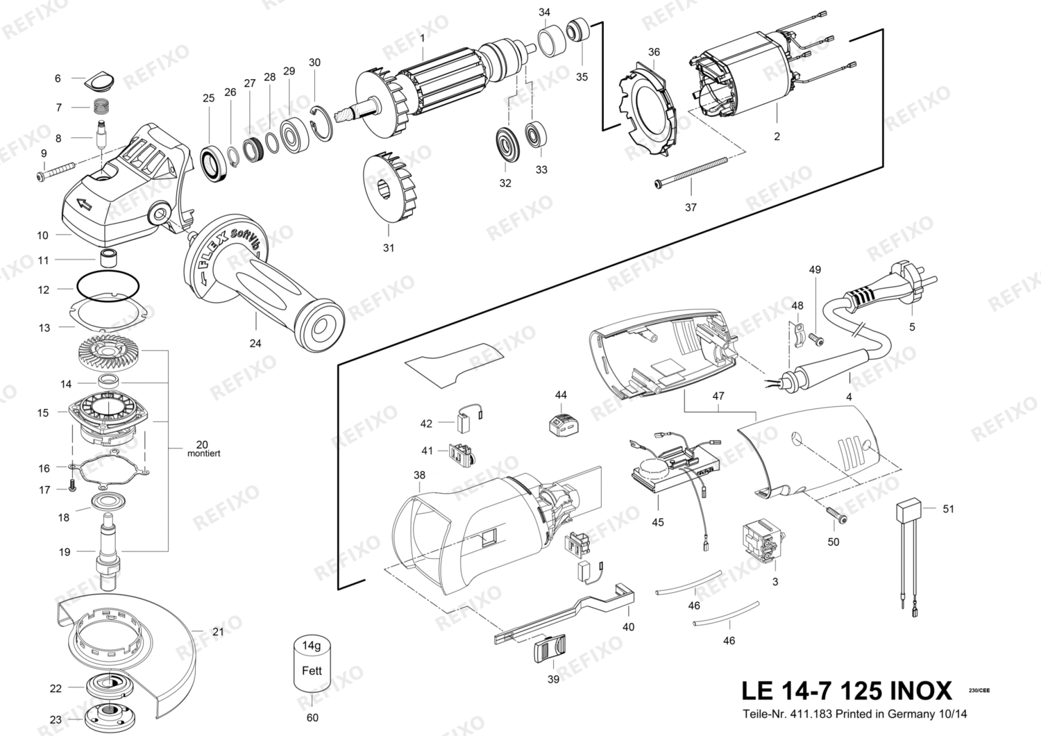 Деталировка Flex LE 14-7 125 - 1400 Watt INOXFLEX, угловая шлифмашина 406589 — схема запчастей в разборе