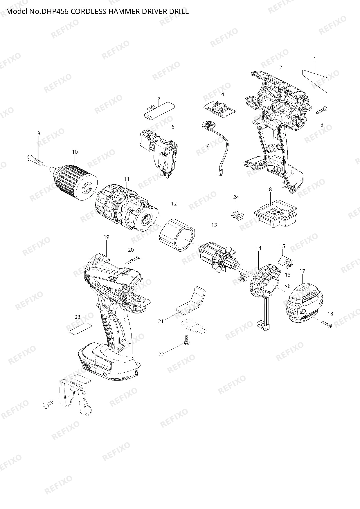 Деталировка MAKITA DHP456 — схема запчастей в разборе