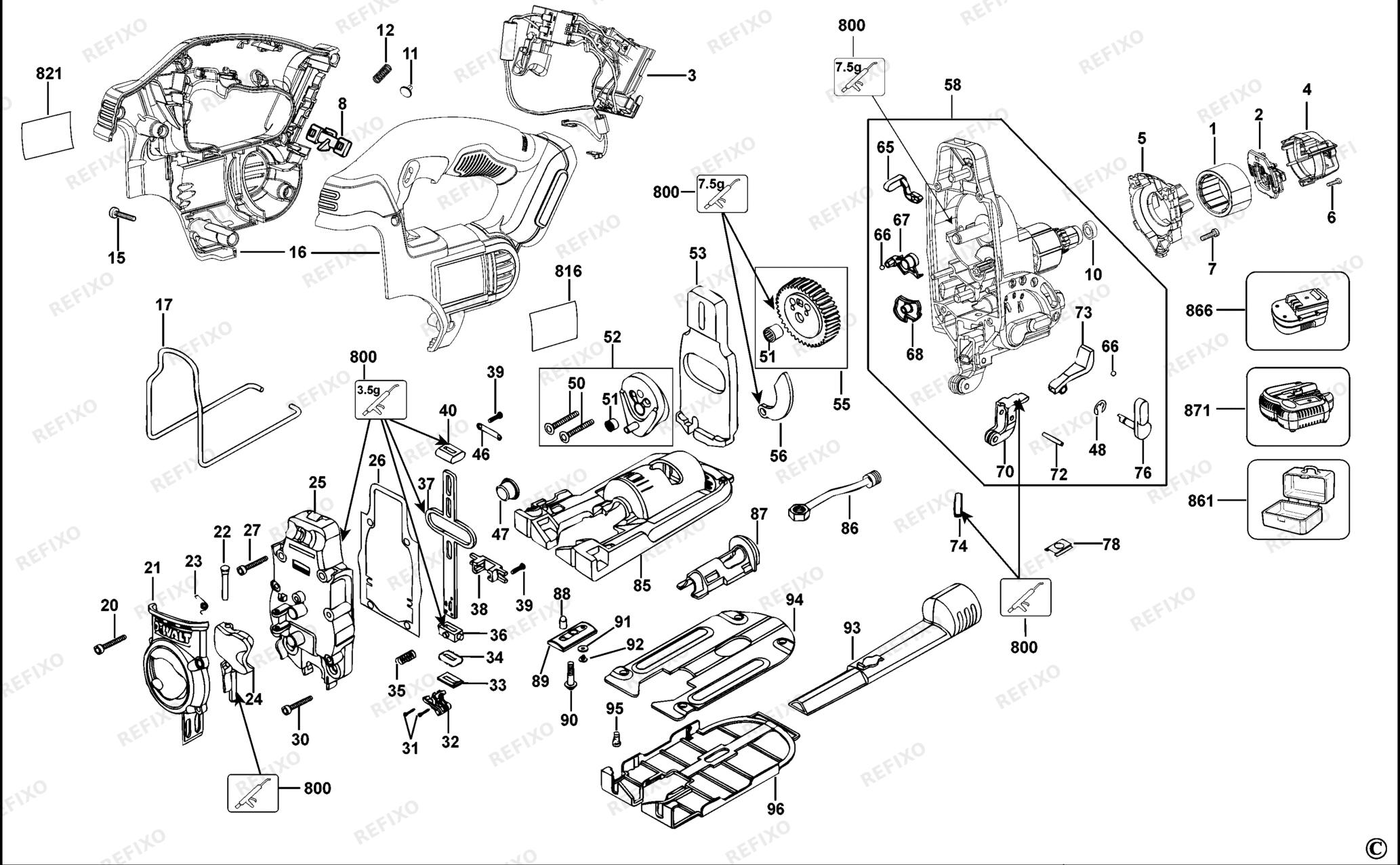 Деталировка DeWalt DCS332-XJ TYPE 3 аккумуляторный - лобзик DCS332-XJ DCS332 — схема запчастей в разборе