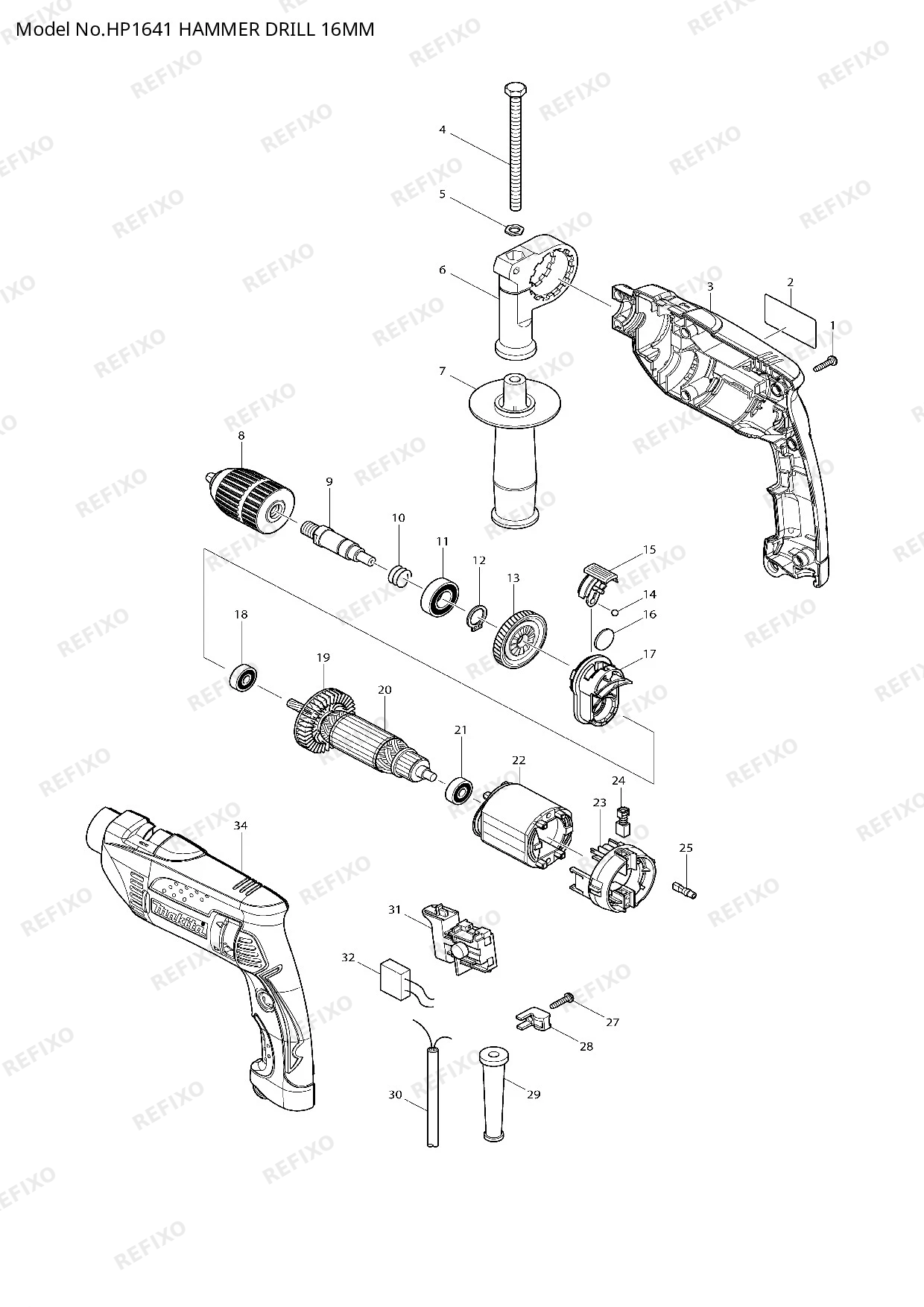 Деталировка MAKITA HP1641 — схема запчастей в разборе