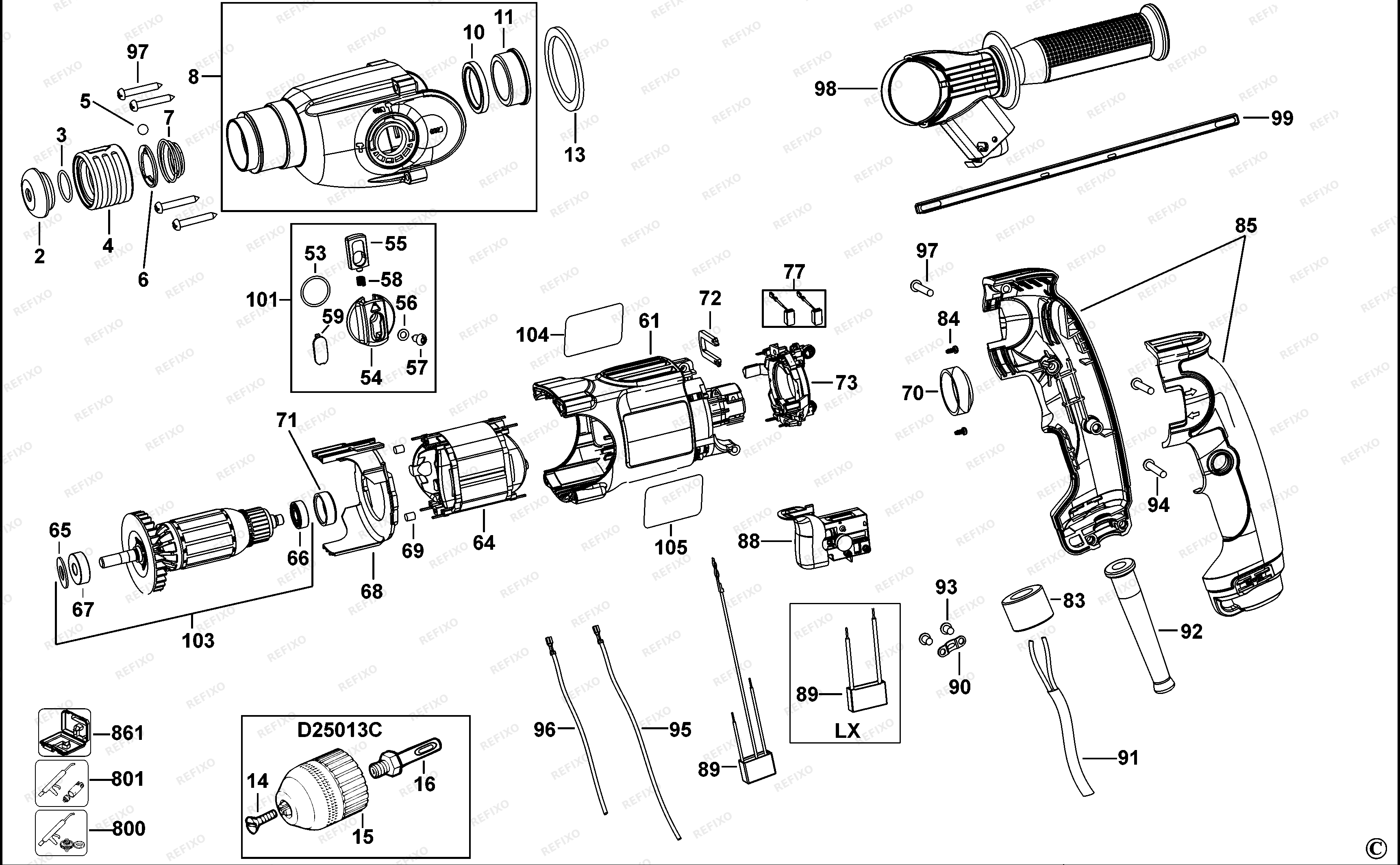 Деталировка DeWalt D25012K — схема запчастей в разборе