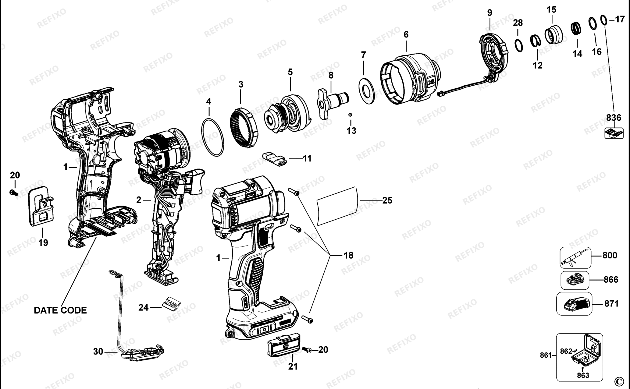 Деталировка DeWalt DCF888-XJ TYPE 1 SCHLAGSCHRAUBER DCF888-XJ DCF888 — схема запчастей в разборе
