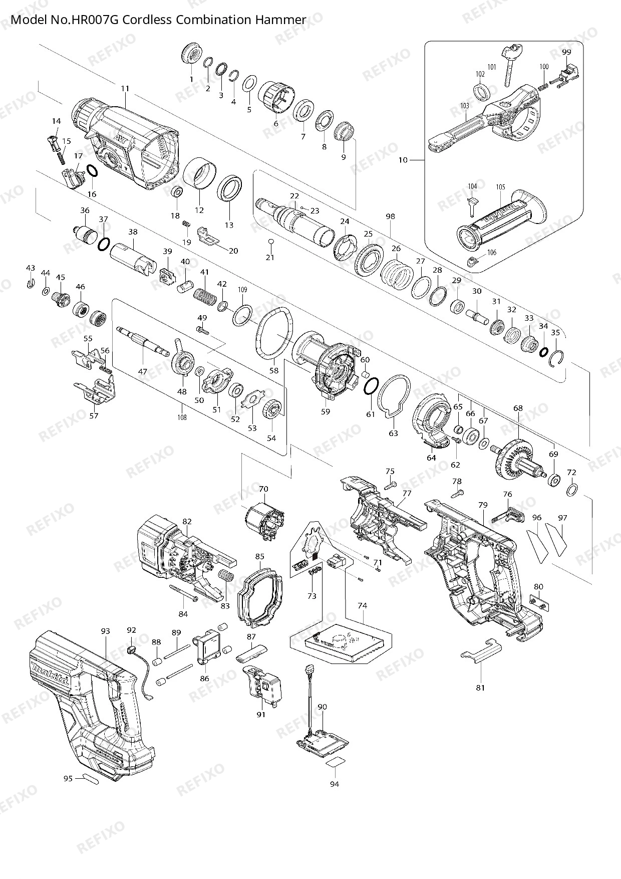 Деталировка MAKITA HR007G — схема запчастей в разборе