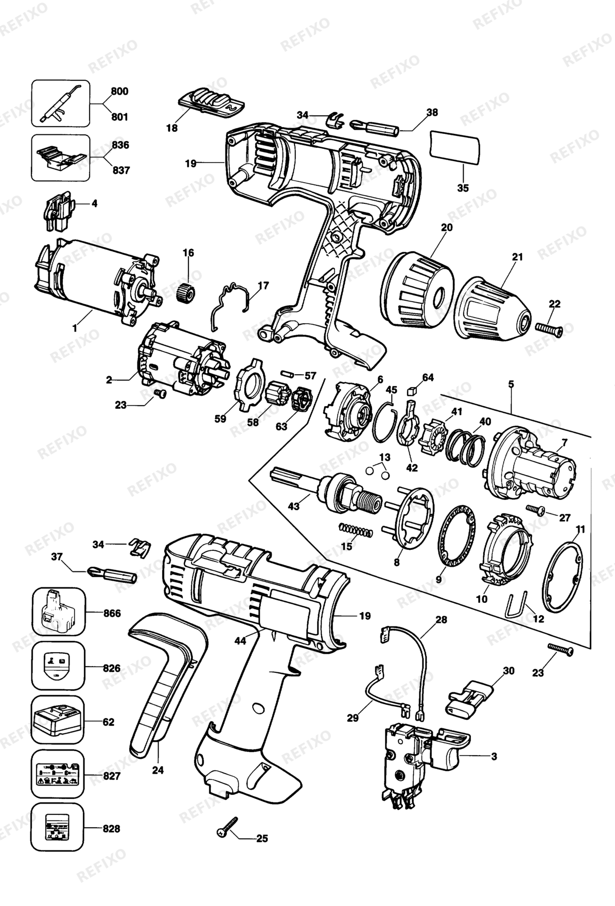 Деталировка DeWalt DW912K-QW TYPE 3 аккумуляторный - дрель DW912K-QW DW912K — схема запчастей в разборе