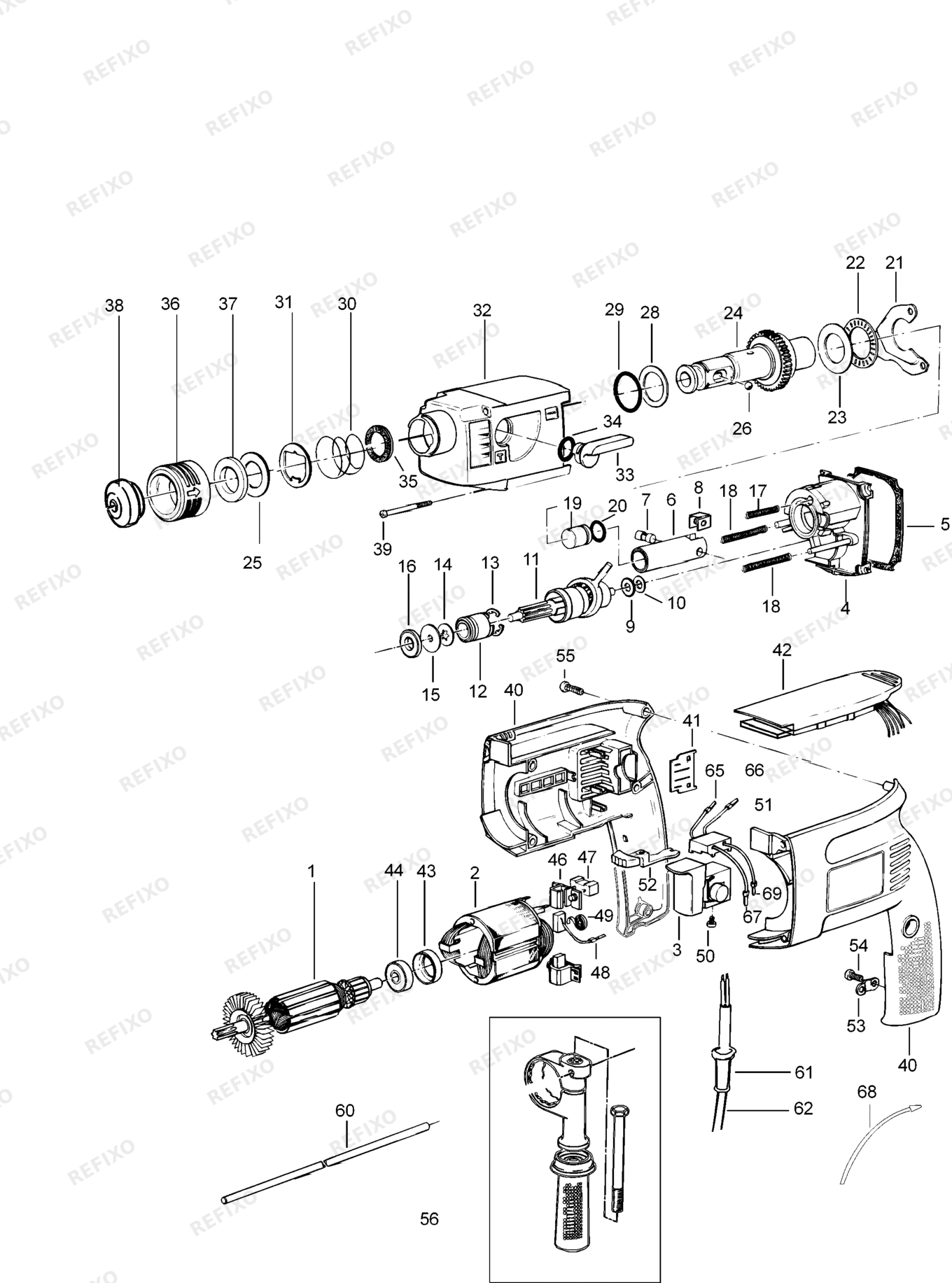 Деталировка DeWalt DW523K-XJ TYPE 1 DREHHAMMER DW523K-XJ DW523K — схема запчастей в разборе