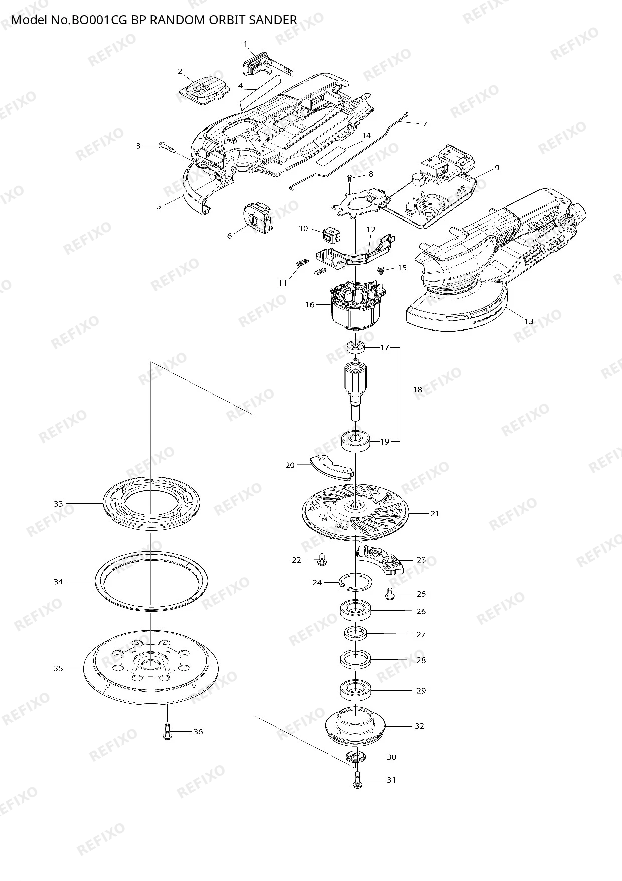 Деталировка MAKITA BO001CG — схема запчастей в разборе