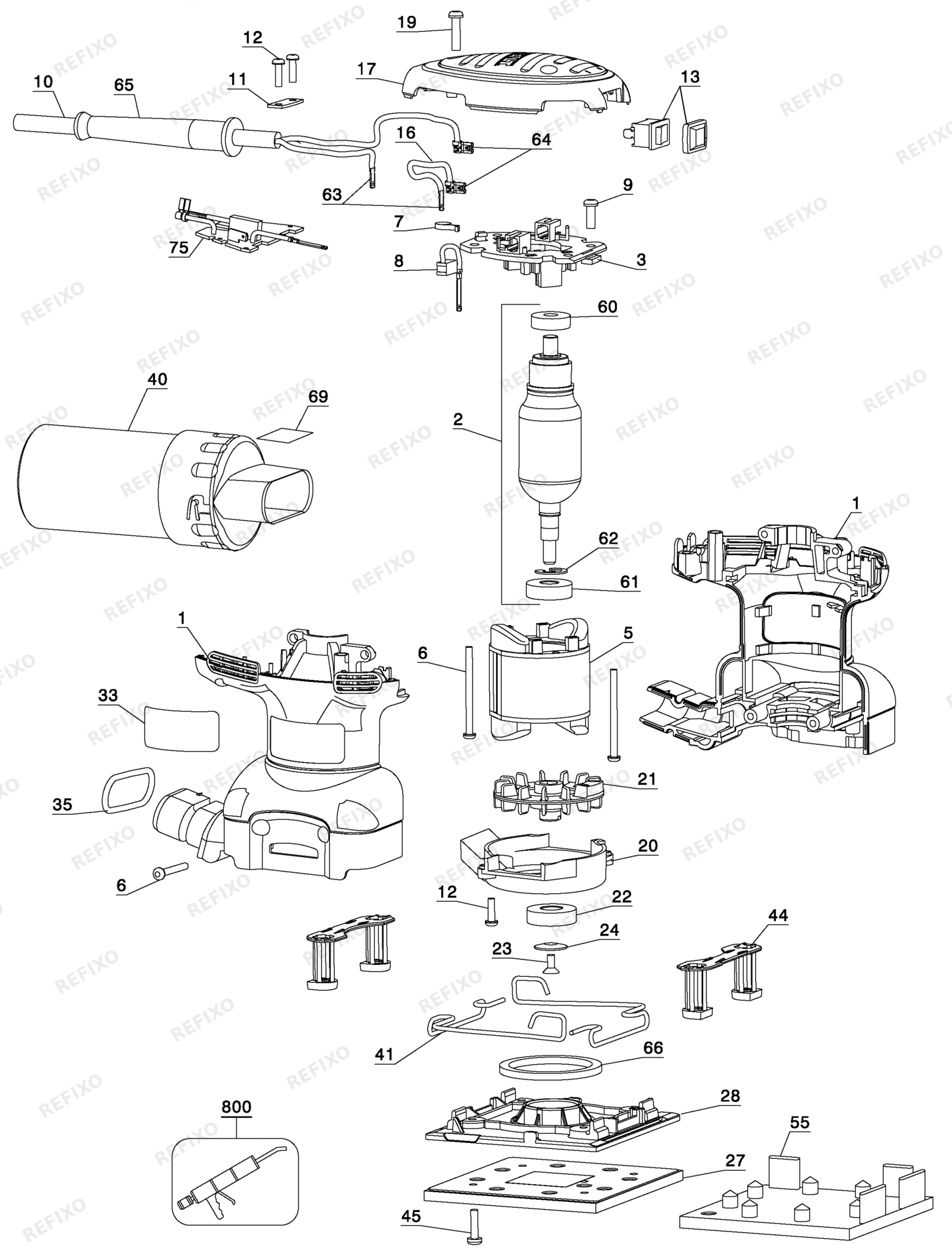 Деталировка DeWalt D26441-LX TYPE 1 шлифмашина D26441-LX D26441 — схема запчастей в разборе