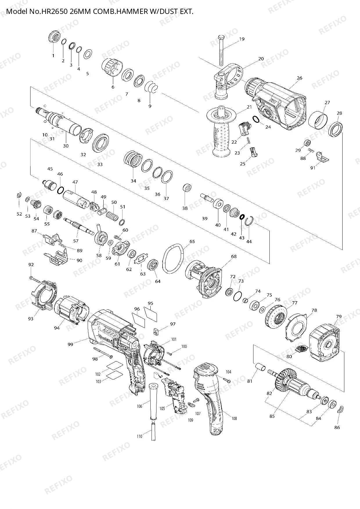 Деталировка MAKITA HR2650 — схема запчастей в разборе