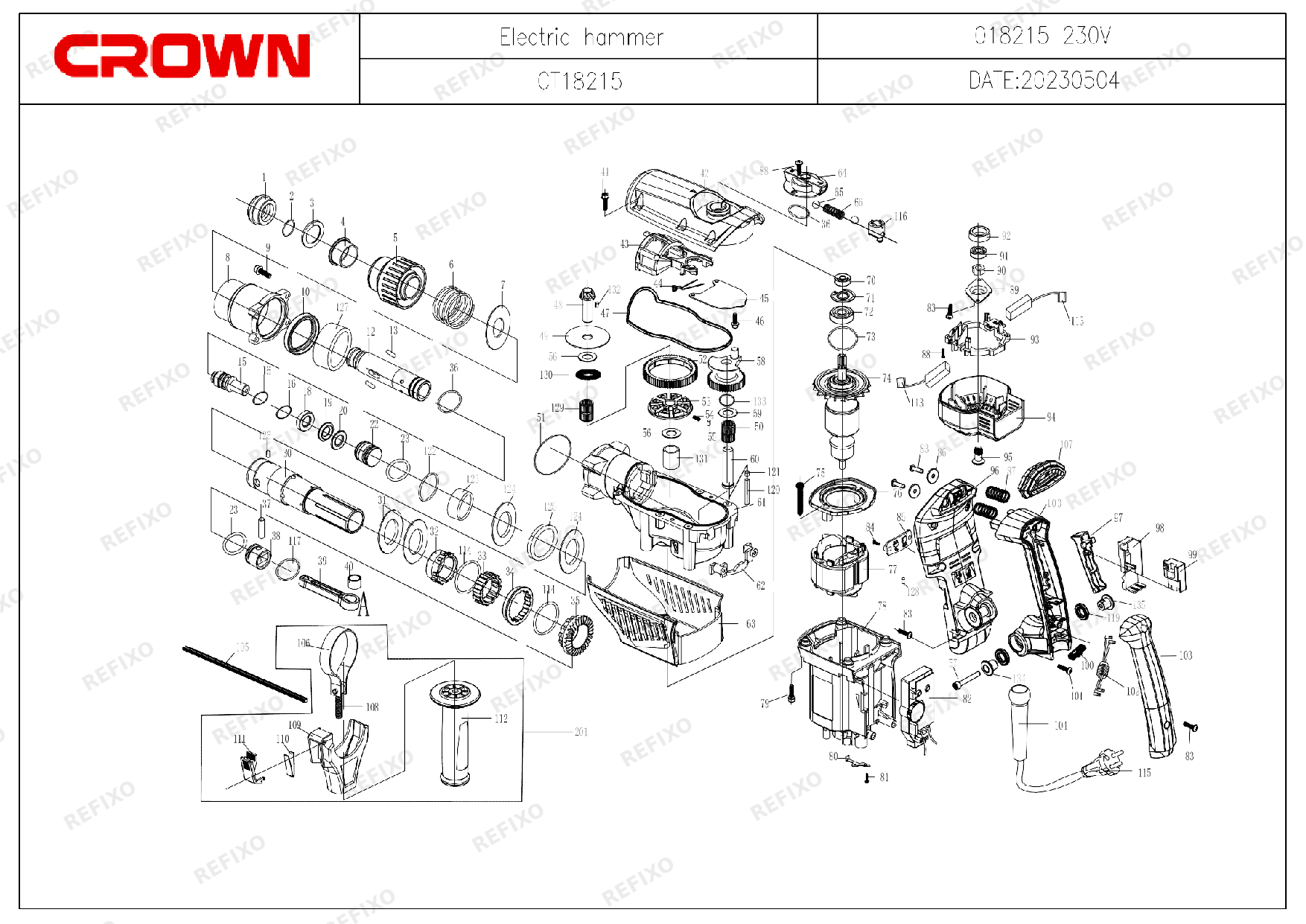 Деталировка CROWN CT18215V — схема запчастей в разборе