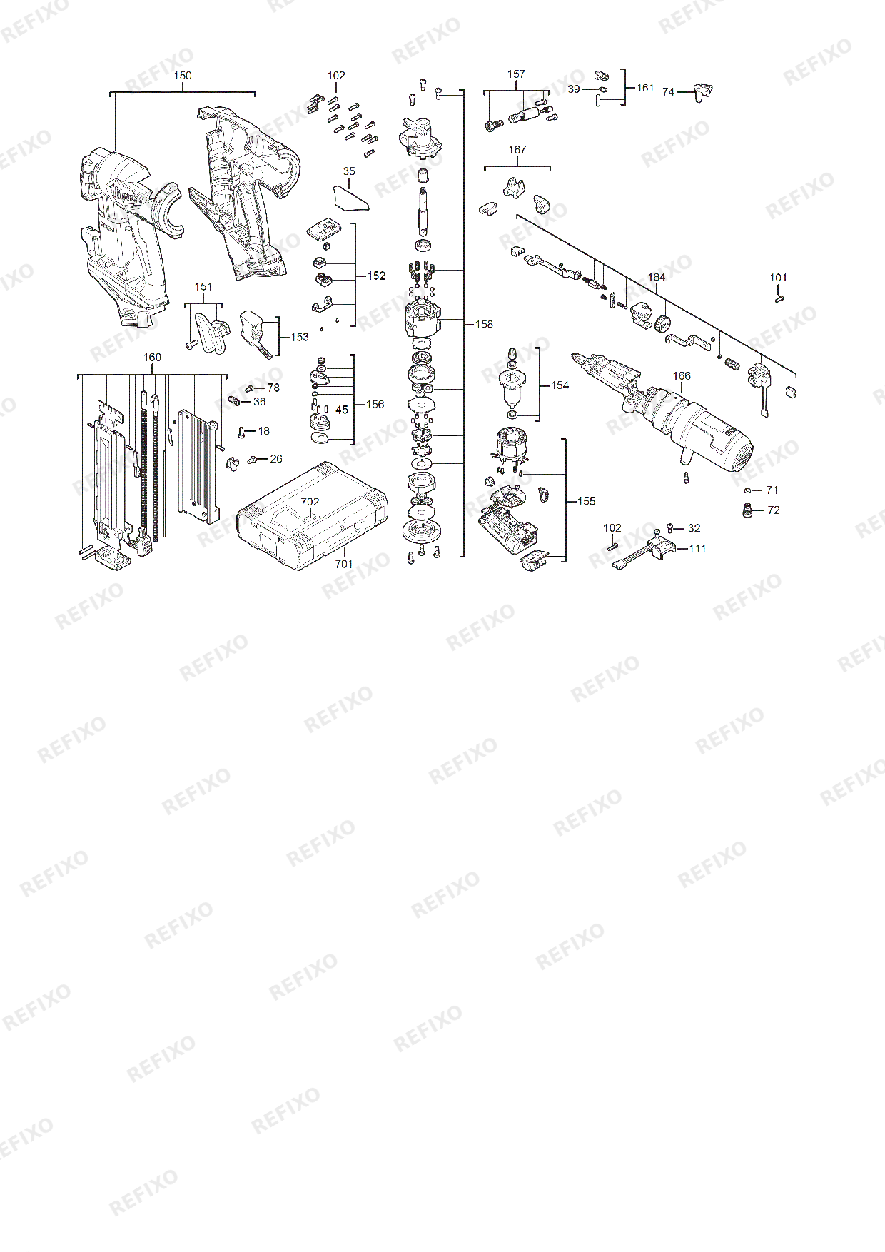 Деталировка MILWAUKEE M18FN18GS 0X 4933471409 4000474126 — схема запчастей в разборе