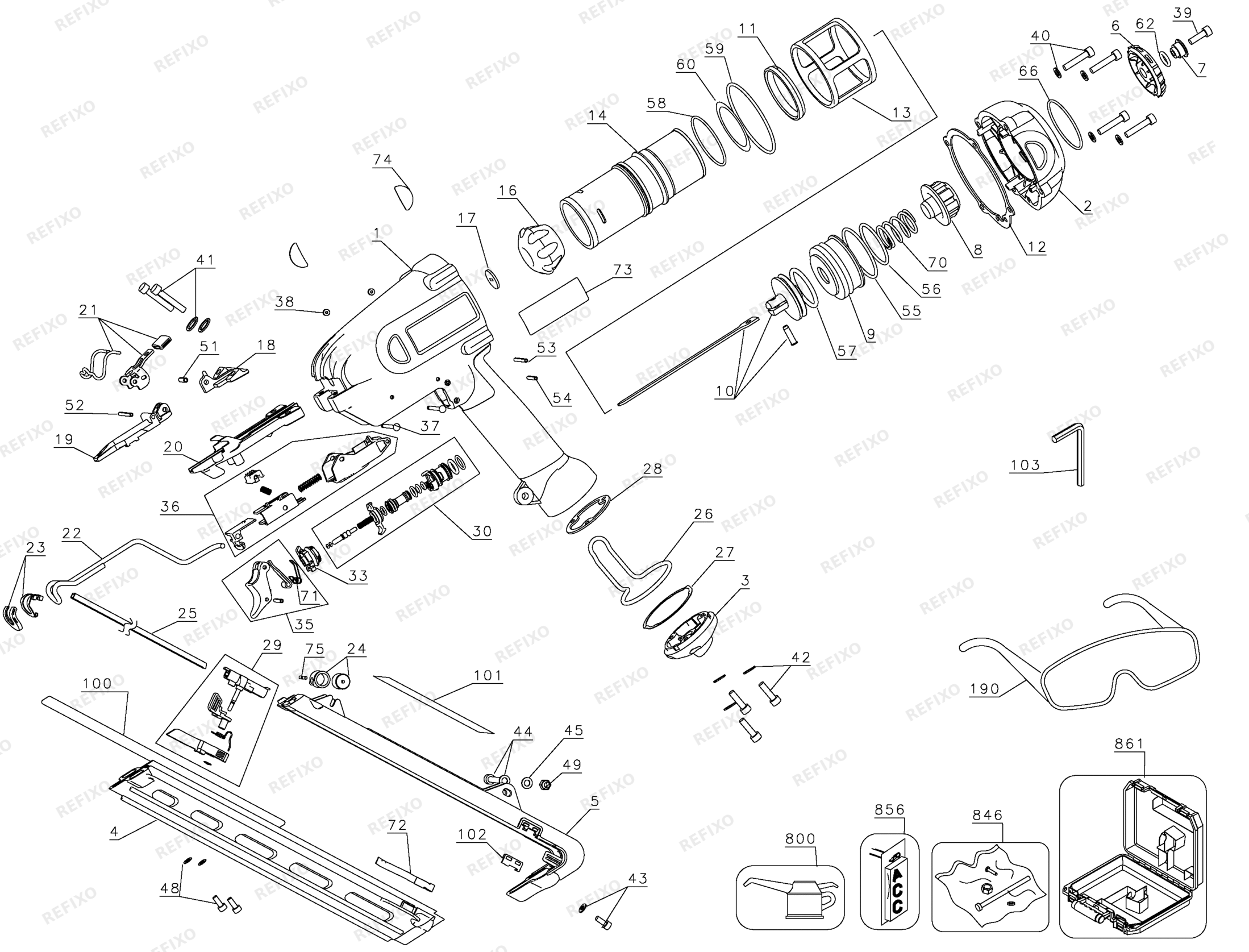 Деталировка DeWalt D51275K-XJ TYPE 2 Stauchkopf - Nagler D51275K-XJ D51275K — схема запчастей в разборе