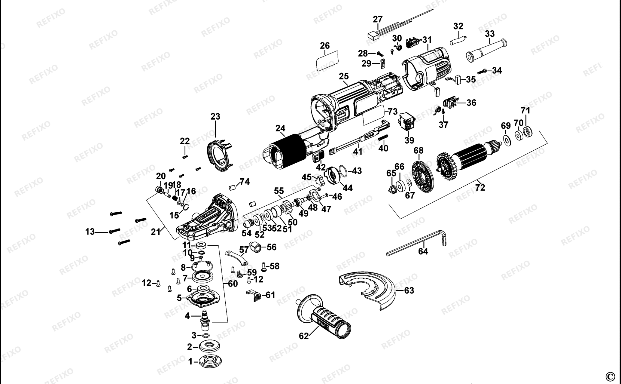 Деталировка DeWalt DWE4157F-QS TYPE 1 угловая шлифмашина DWE4157F-QS DWE4157F — схема запчастей в разборе
