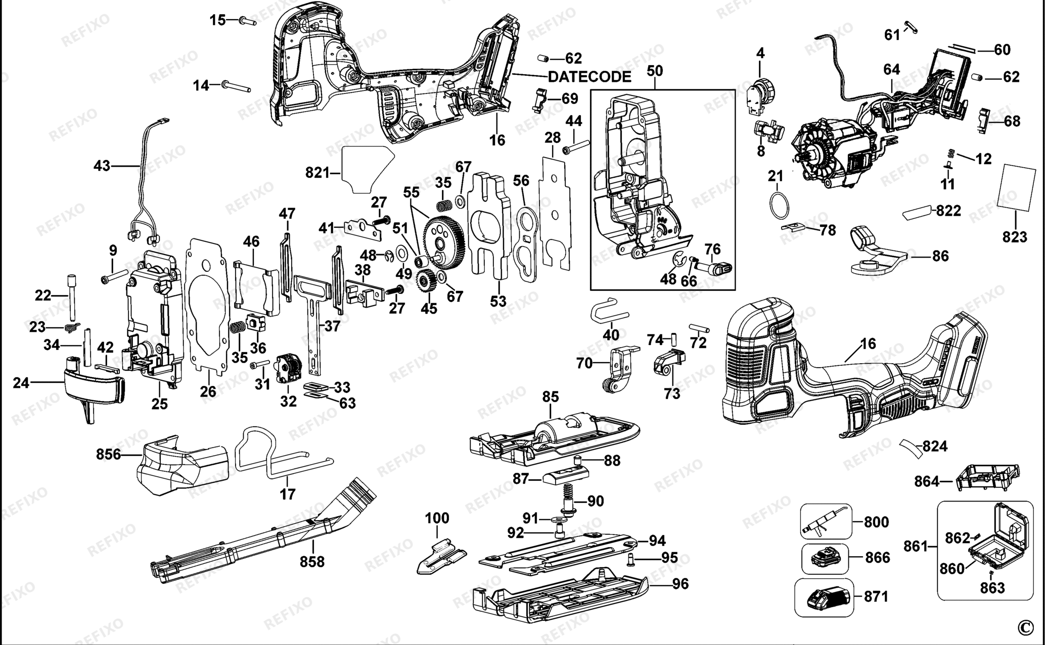 Деталировка DeWalt DCS335-QW TYPE 1 лобзик DCS335-QW DCS335 — схема запчастей в разборе