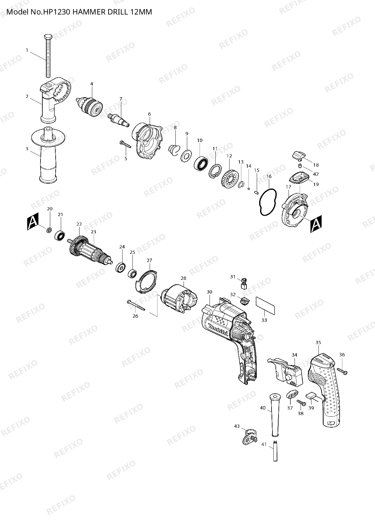 Деталировка MAKITA HP1230 — схема запчастей в разборе