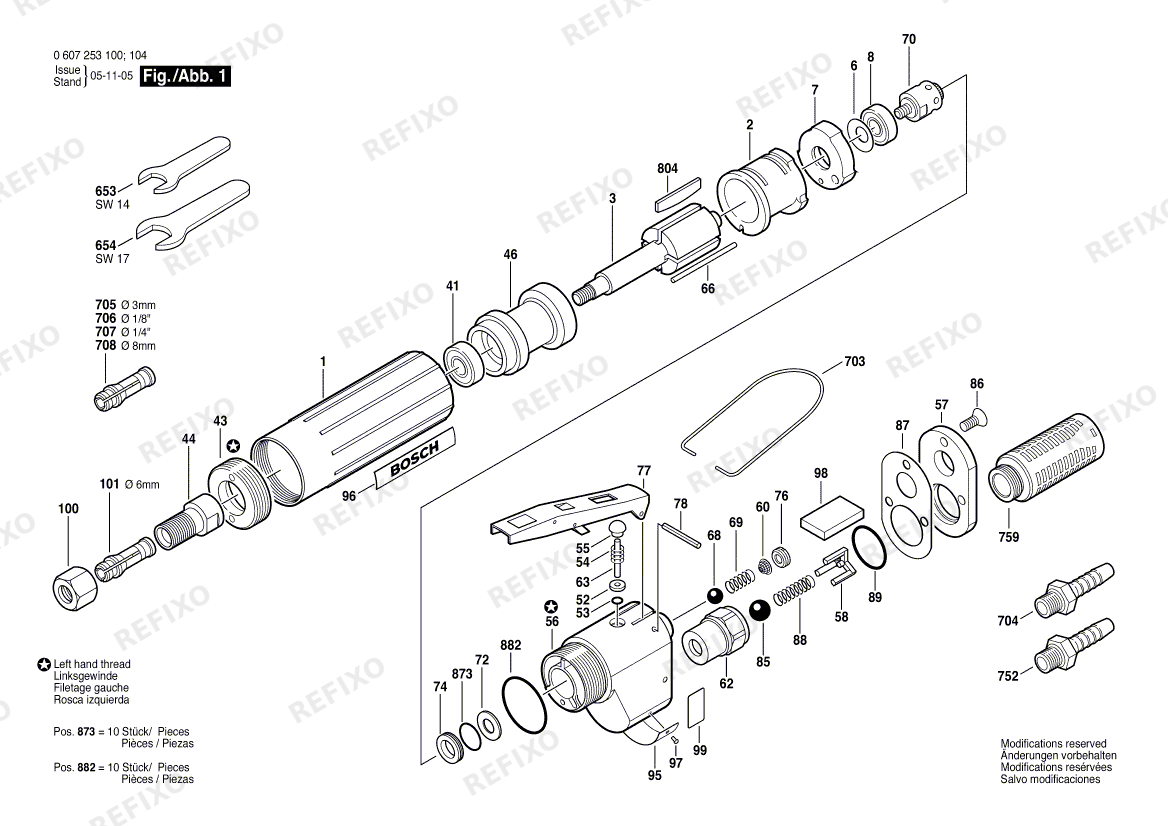 Деталировка Bosch Pw-Geradschleifer 180 WATT-SERIE (0 607 253 104) — схема запчастей в разборе