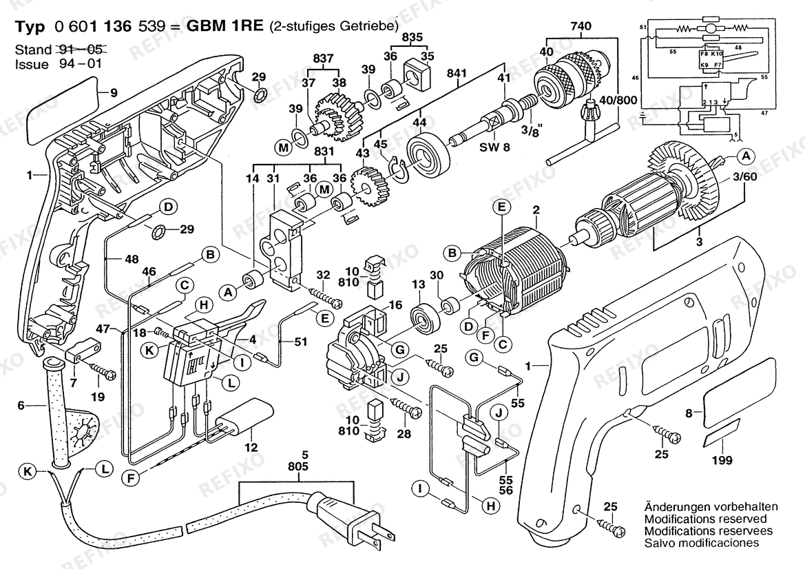 Деталировка Bosch Дрель GBM 1 RE | 115 V | 061 - US (0 601 136 539) — схема запчастей в разборе