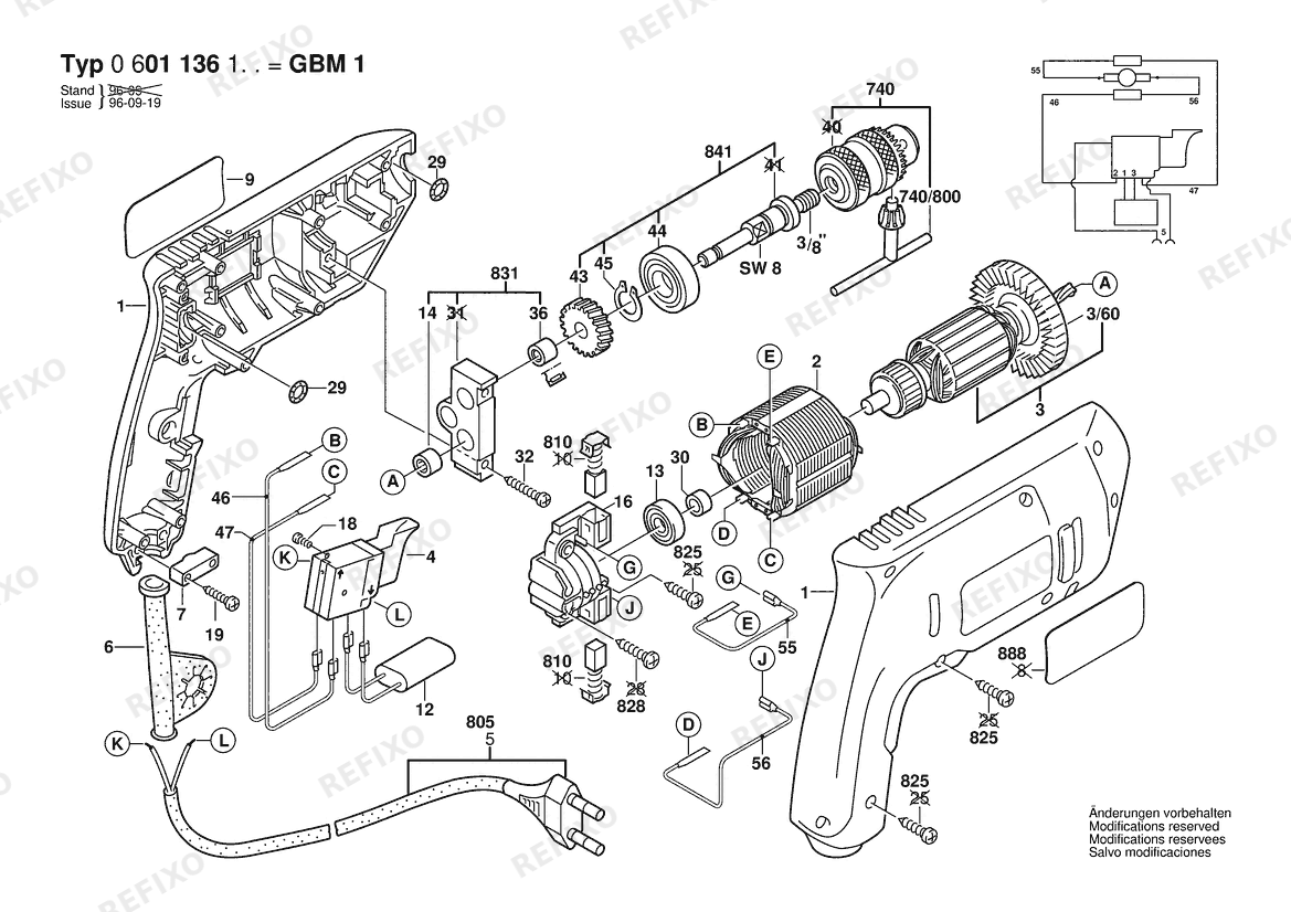 Деталировка Bosch Дрель GBM 1 | 230 V | 026 - AS (0 601 136 107) — схема запчастей в разборе
