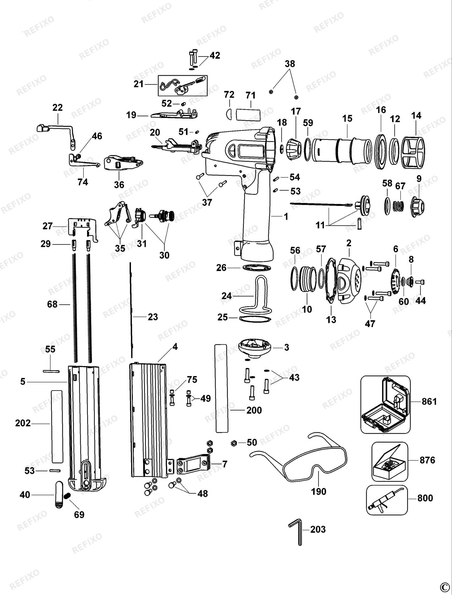 Деталировка DeWalt D51238K-QS TYPE 2 50 mm Stauchkopf - Nagler D51238K-QS D51238K — схема запчастей в разборе