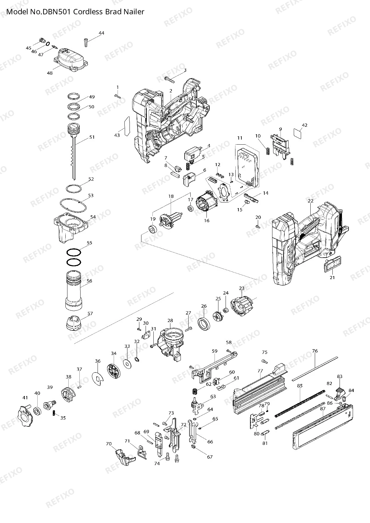 Деталировка MAKITA DBN501 — схема запчастей в разборе
