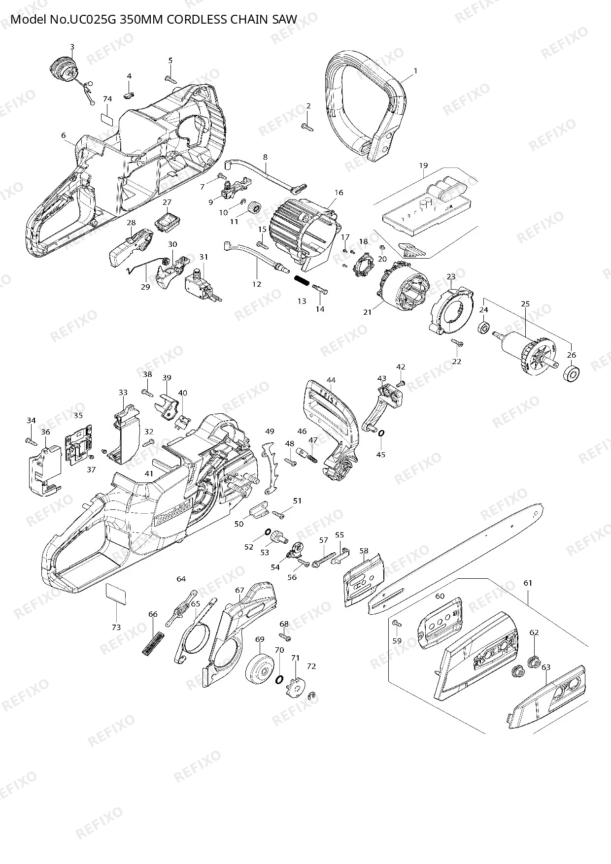Деталировка MAKITA UC025G — схема запчастей в разборе