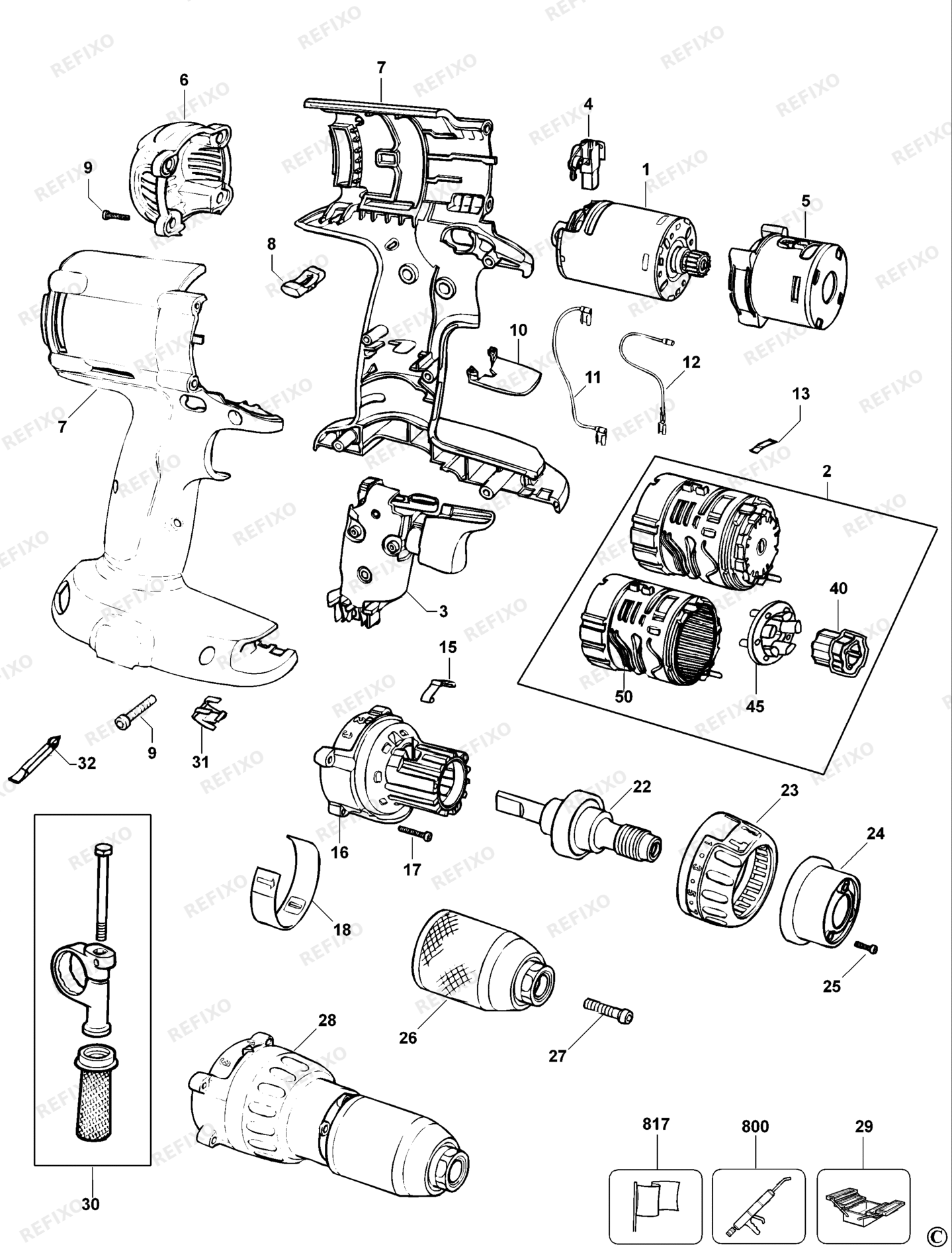Деталировка DeWalt DW987-QW TYPE 11 аккумуляторный - дрель DW987-QW DW987 — схема запчастей в разборе