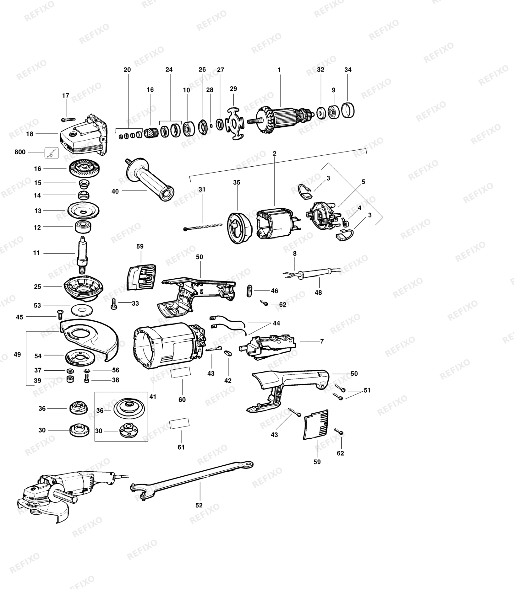 Деталировка DeWalt DW474-XJ TYPE 2A угловая шлифмашина DW474-XJ DW474 — схема запчастей в разборе