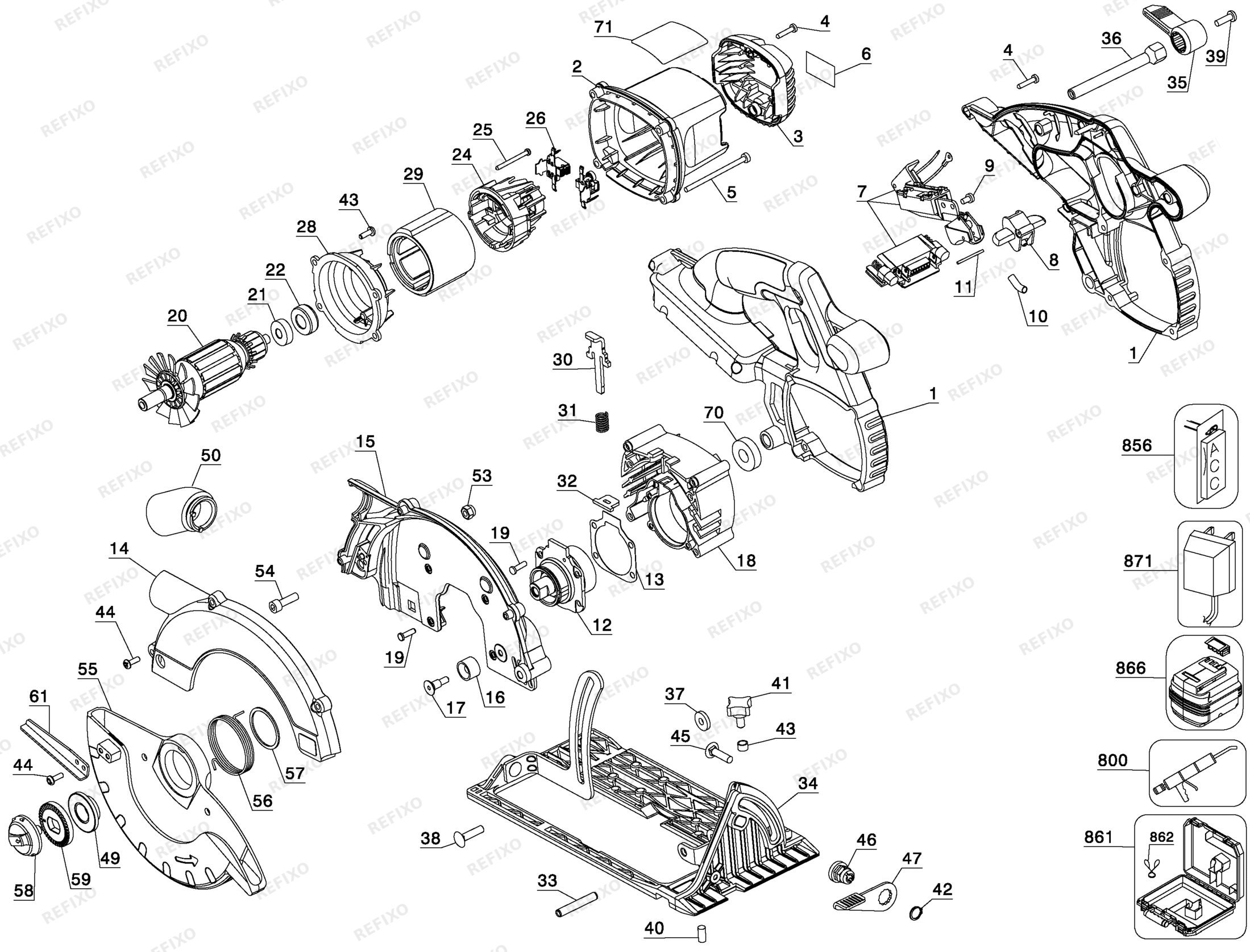 Деталировка DeWalt DC300KL-XJ TYPE 1 36V Circular Saw DC300KL-XJ DC300KL — схема запчастей в разборе