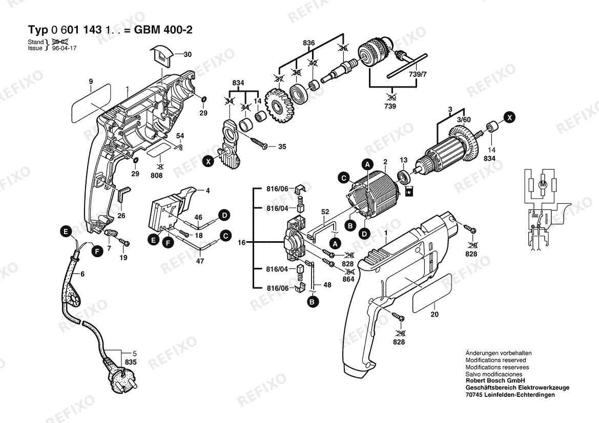 Деталировка Bosch Дрель GBM 400-2 | 220 V | 009 - CN (0 601 143 143) — схема запчастей в разборе