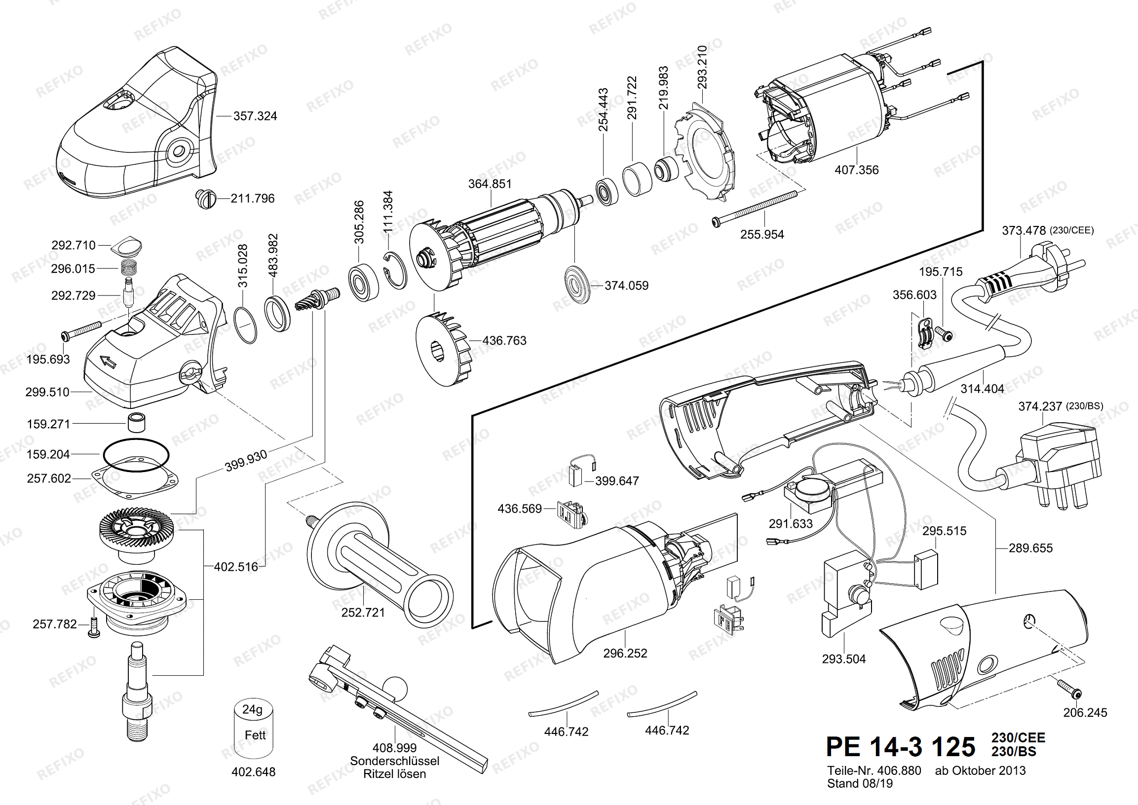 Деталировка Flex PE 14-3 125 набор - Ergonomischer Polierer PE14-3-125 — схема запчастей в разборе