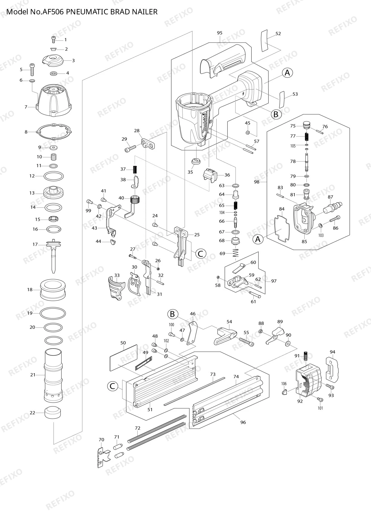 Деталировка MAKITA AF506 — схема запчастей в разборе