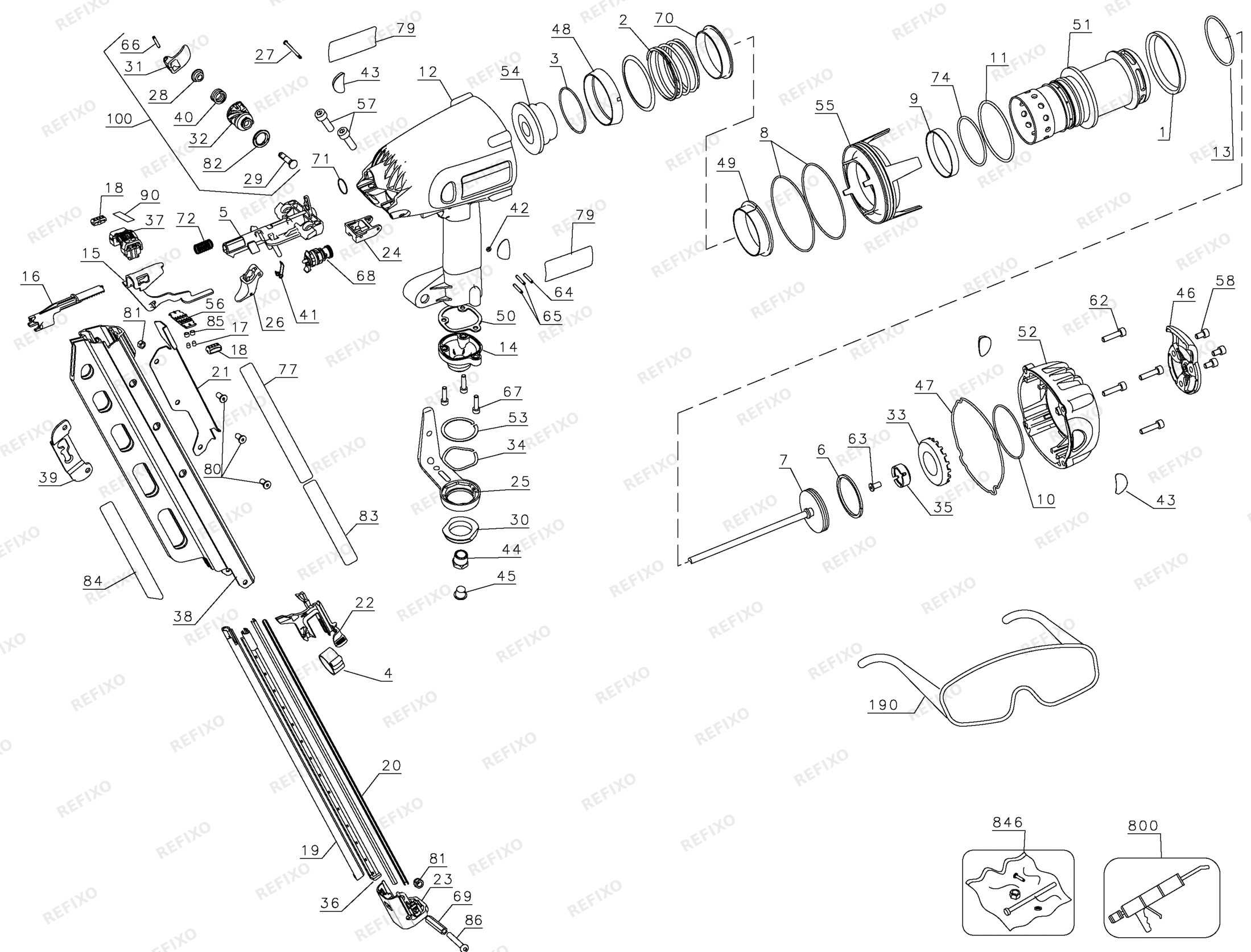 Деталировка DeWalt D51823-XJ TYPE 3 90 mm Streifenmagazin - Nagler D51823-XJ D51823 — схема запчастей в разборе
