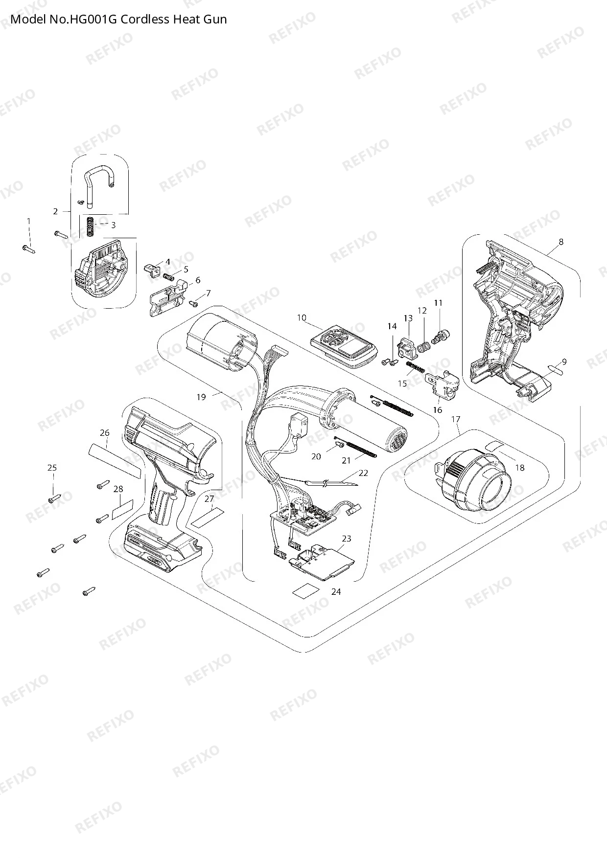 Деталировка MAKITA HG001G — схема запчастей в разборе