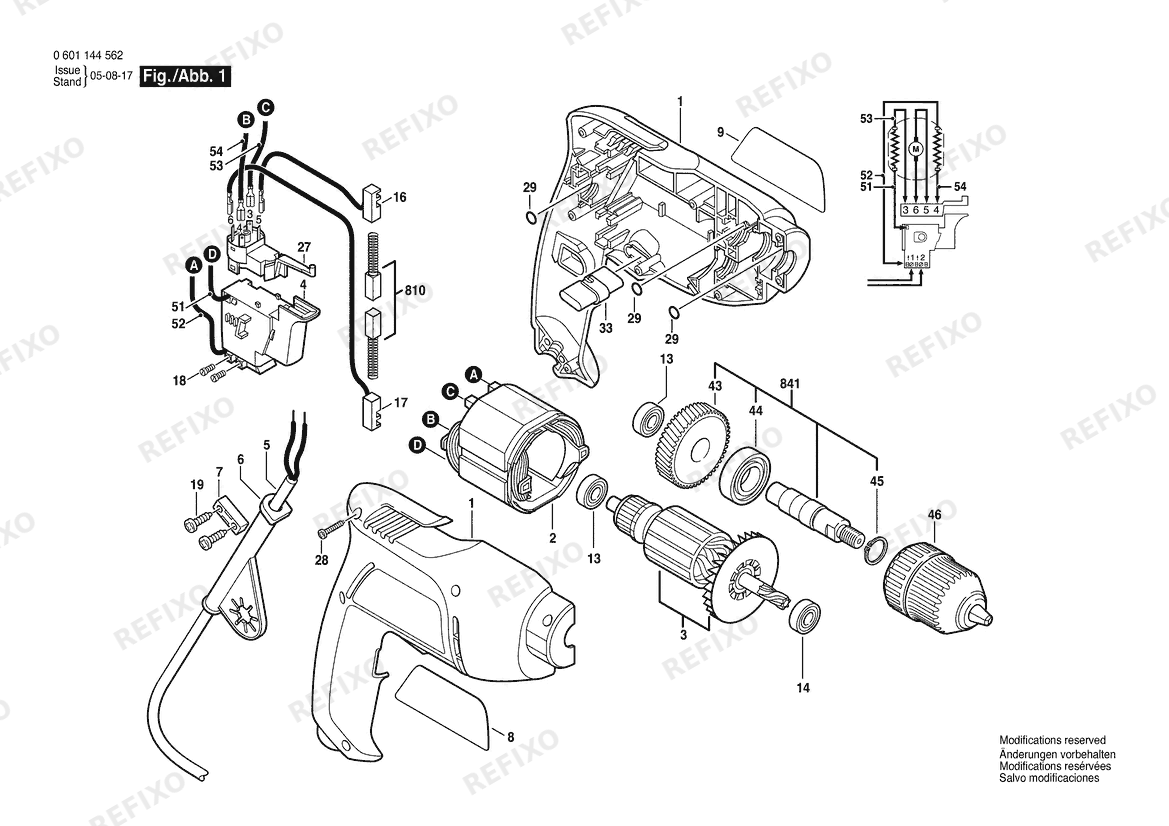 Деталировка Bosch Дрель GBM 450 RE | 120 V | 061 - US (0 601 144 562) — схема запчастей в разборе