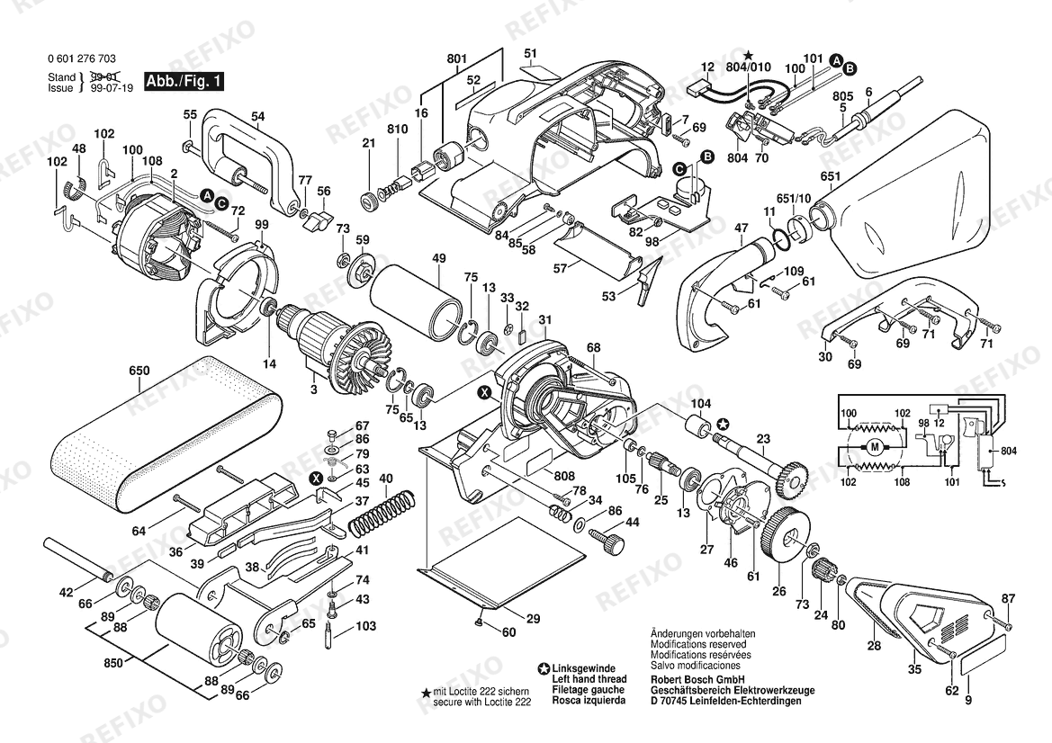 Деталировка Bosch Ленточная шлифмашина GBS 100 AE | 230 V | 003 - EEU (3 601 B76 708) — схема запчастей в разборе