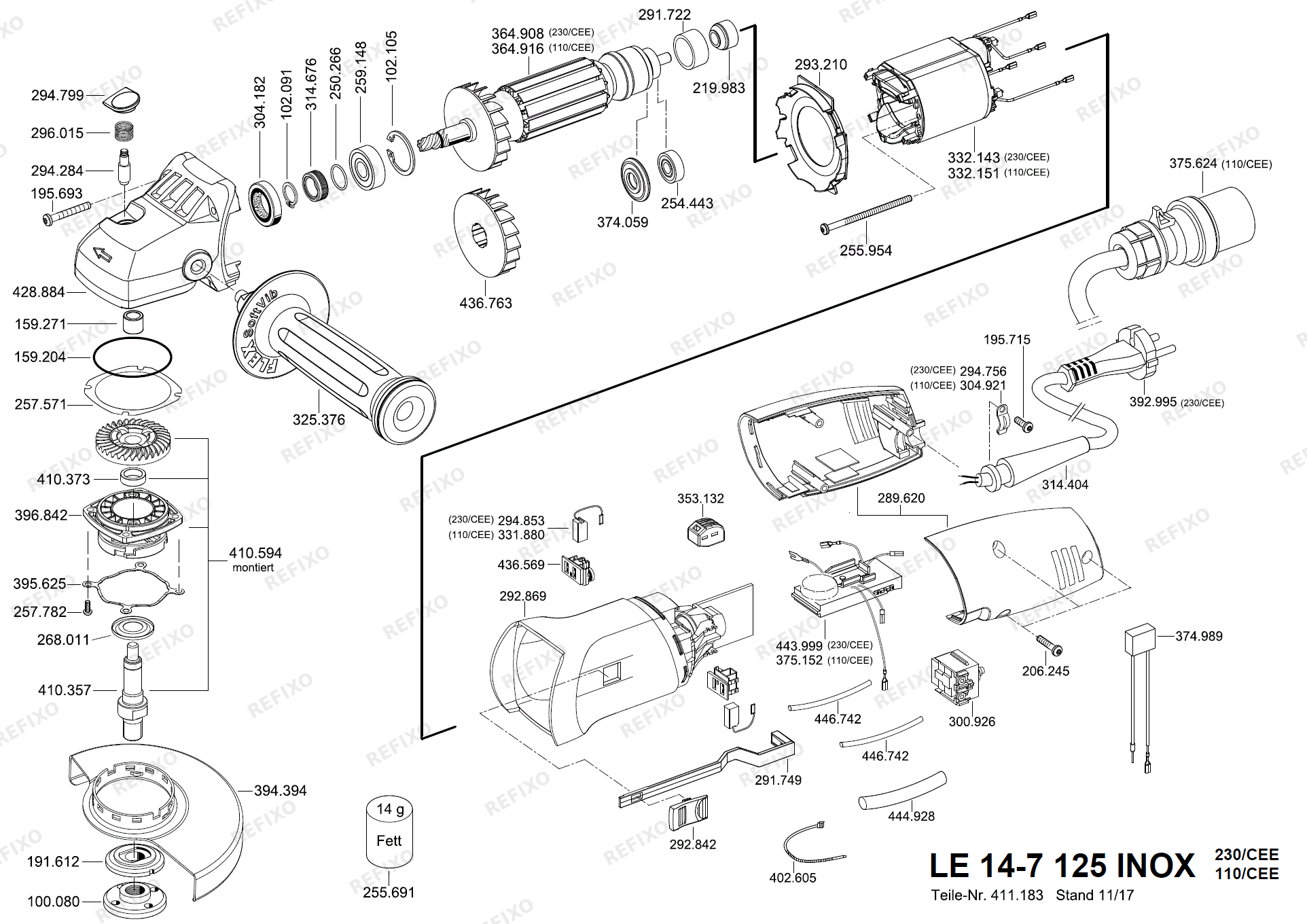 Деталировка Flex LE 14-7 125 INOX набор - 1400 Watt INOXFLEX, Spezial — схема запчастей в разборе