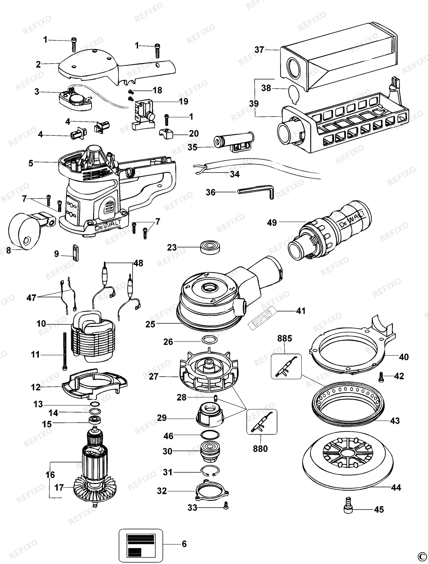 Деталировка DeWalt D26410-LX TYPE 1 шлифмашина D26410-LX D26410 — схема запчастей в разборе