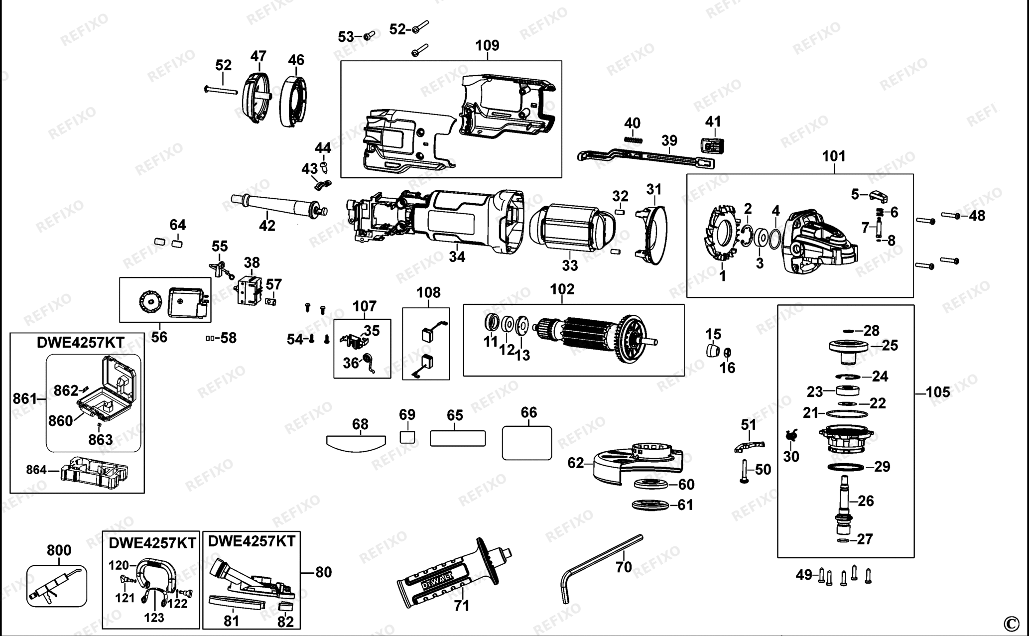 Деталировка DeWalt DWE4257-QS TYPE 1 SMALL ANGLE GRINDER DWE4257-QS DWE4257 — схема запчастей в разборе