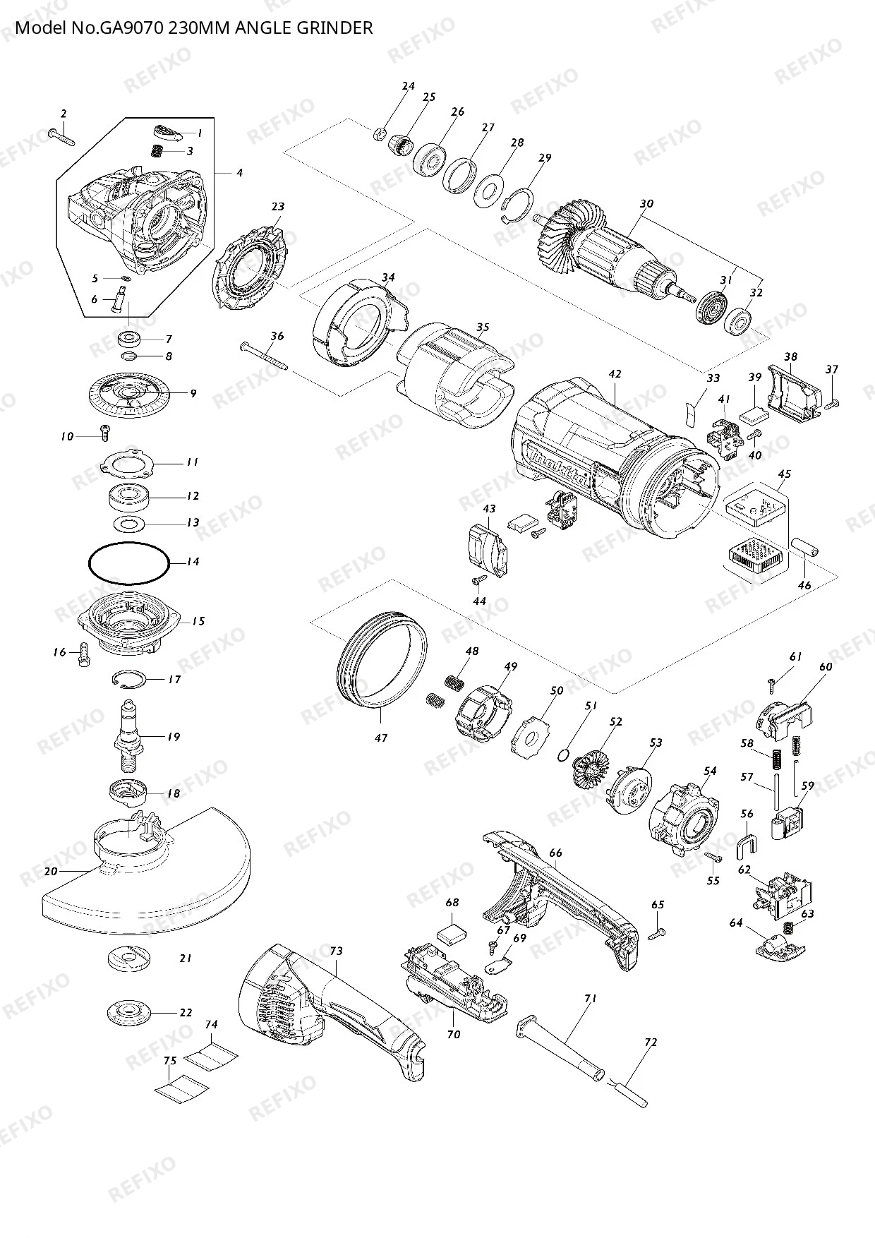 Деталировка MAKITA GA9070 — схема запчастей в разборе