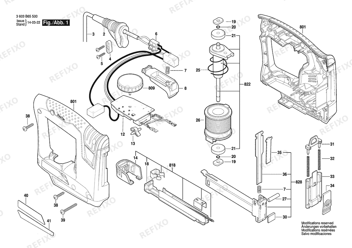 Деталировка Bosch Tacker PTK 14 EDT | 230 V | 004 - CH (3 603 B65 530) — схема запчастей в разборе