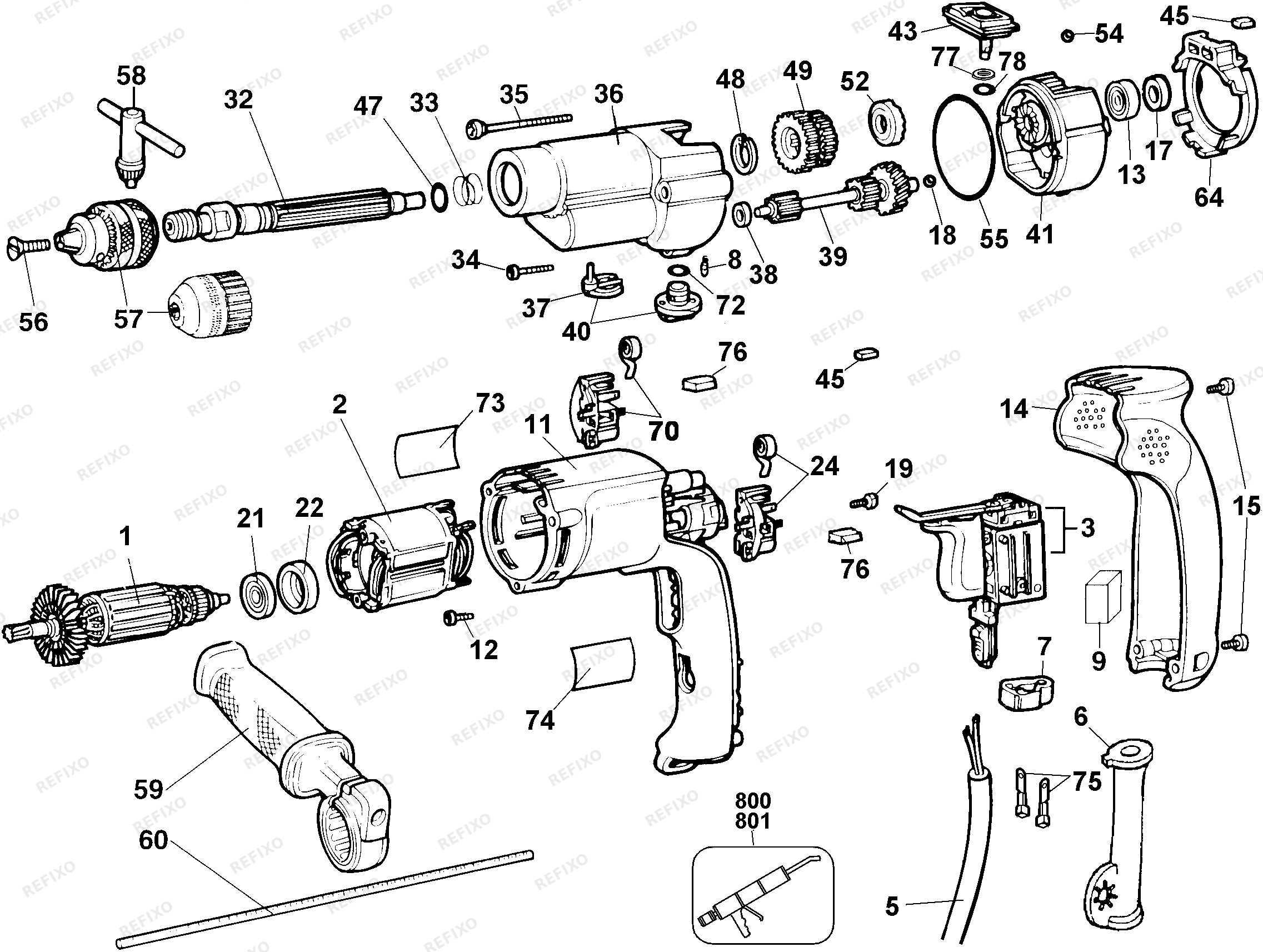 Деталировка DeWalt DW501-QS TYPE 2 перфоратор DW501-QS DW501 — схема запчастей в разборе