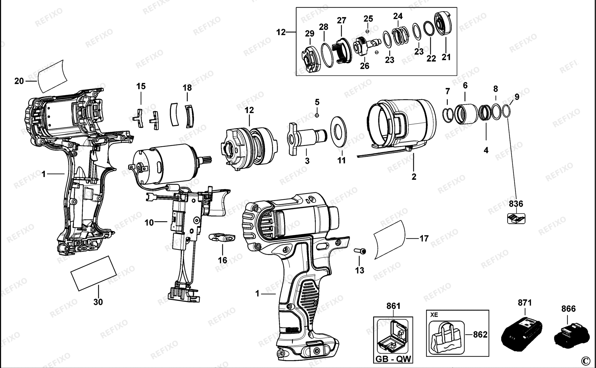 Деталировка DeWalt DCF815-QW TYPE 3 SCHLAGSCHRAUBER DCF815-QW DCF815 — схема запчастей в разборе