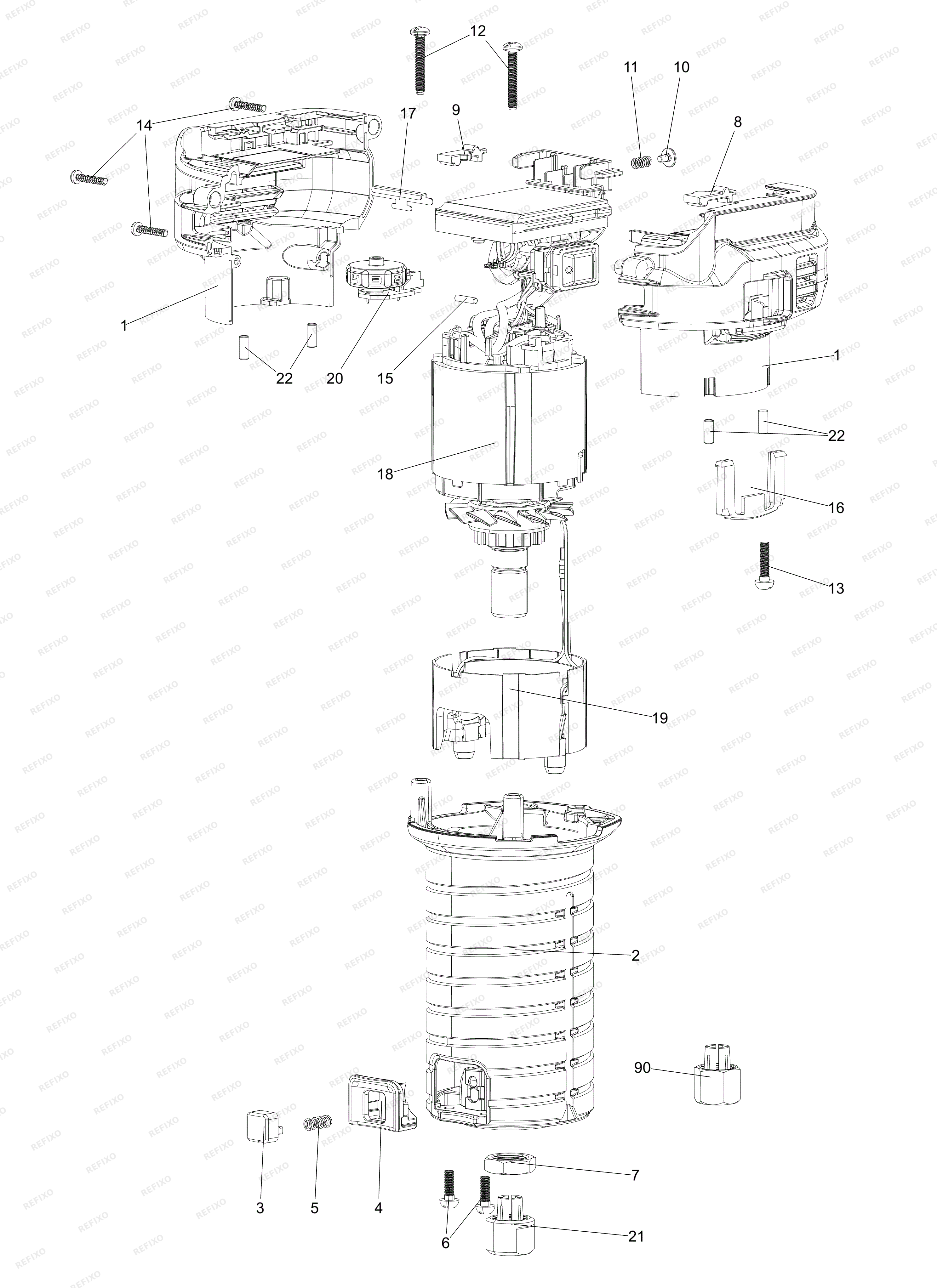 Деталировка DeWalt ФРЕЗЕР DCW604N — схема запчастей в разборе