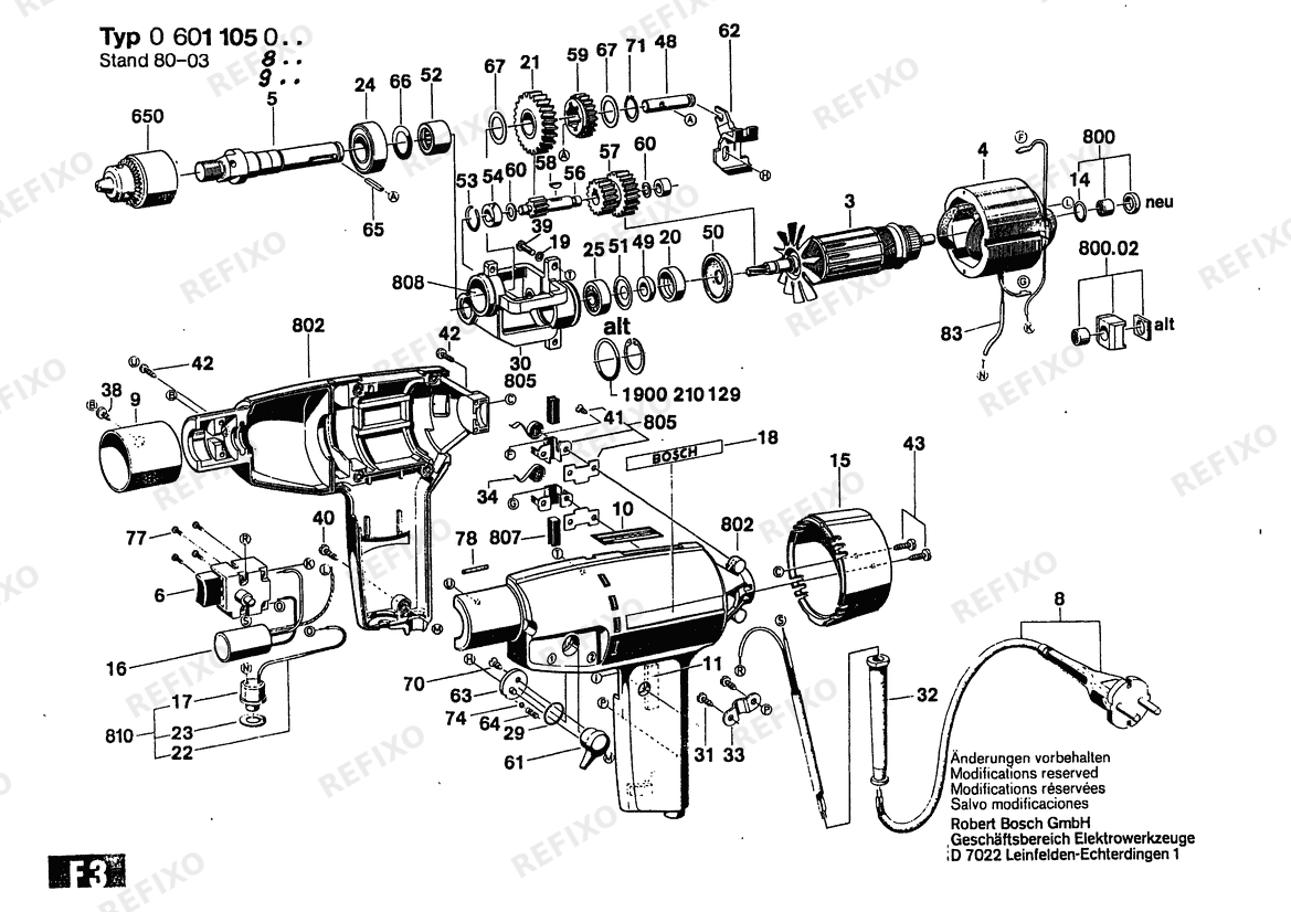 Деталировка Bosch Дрель Drill | 240 V | 027 - AU (0 601 105 937) — схема запчастей в разборе