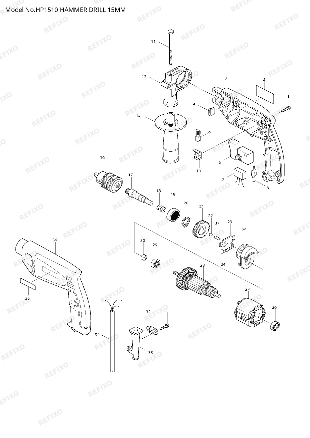 Деталировка MAKITA HP1510 — схема запчастей в разборе