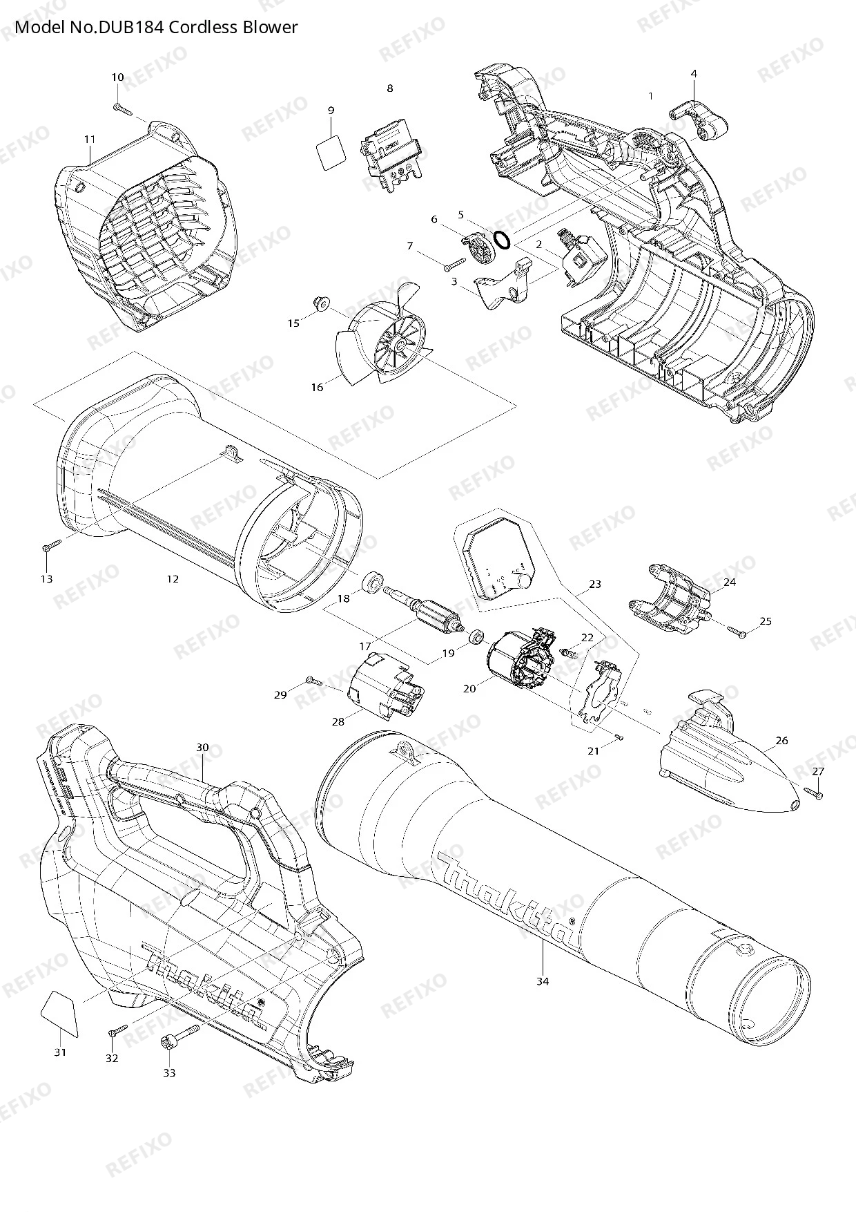 Деталировка MAKITA DUB184 — схема запчастей в разборе