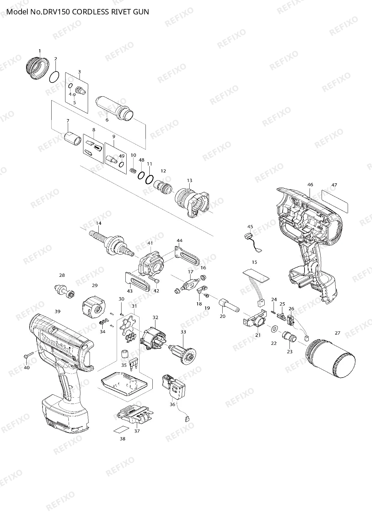 Деталировка MAKITA DRV150 — схема запчастей в разборе